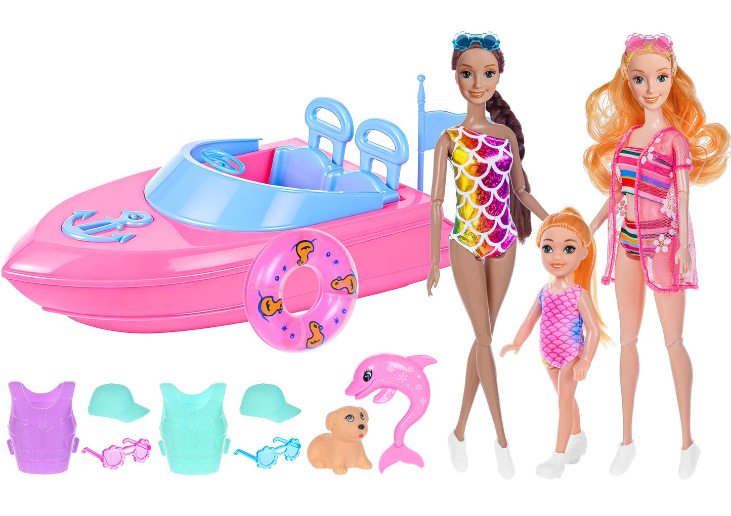 ebuddy Fashion Dolls and Boat Playset - 11.5 Inch Dolls with Swimwear, Life Vests, Accessories, 5.5 Inch Doll, Pet Puppy and Dolphin Toy - Summer Beach Adventure Gift Set for Girls