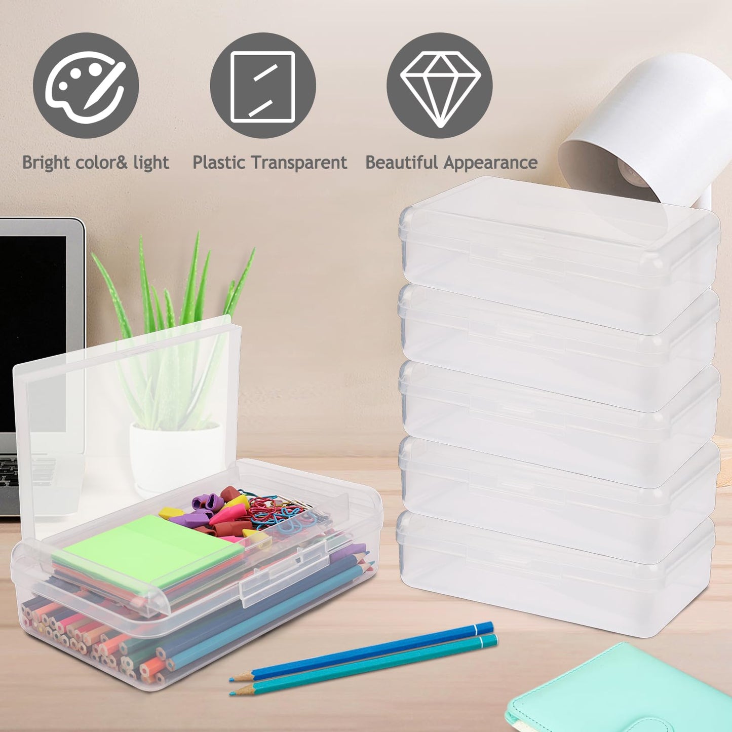 6 PCS Pencil Box,Large Capacity Double Layer Pencil Box,Hard Pencil Case with Snap-Tight Lid, Plastic Pencil Boxes for Office School Supplies,Storage Organizer Pen Boxes for Gel Pens-Transparent