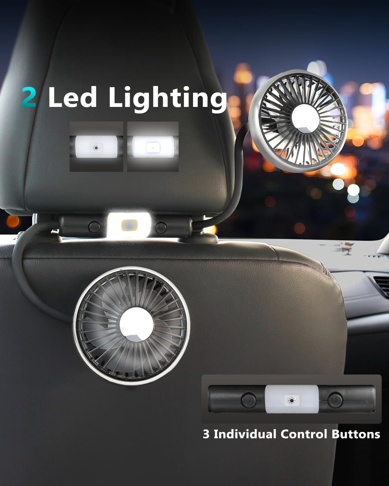 xuenair 360 Hose Cooling Fan for Car Backseat Kids Baby Rear Facing, Portable USB Car Fan for Vehicle SUV RV Pickup Truck Headrest - Powerful 3-Speed LED Light