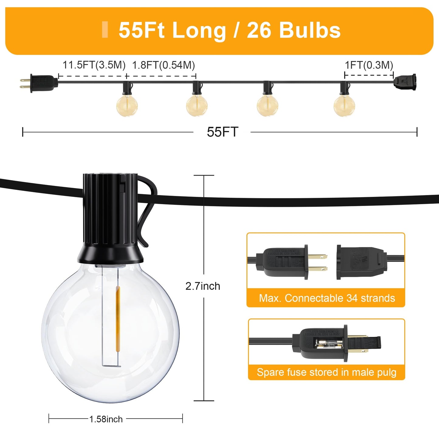 OHLUX Outdoor String Lights, 55FT G40 Globe LED Patio Lights with 26 Edison Dimmable LED Bulbs, 2200K Waterproof Connectable Hanging for Backyard Porch Cafe Party Decor, E12 Socket Base