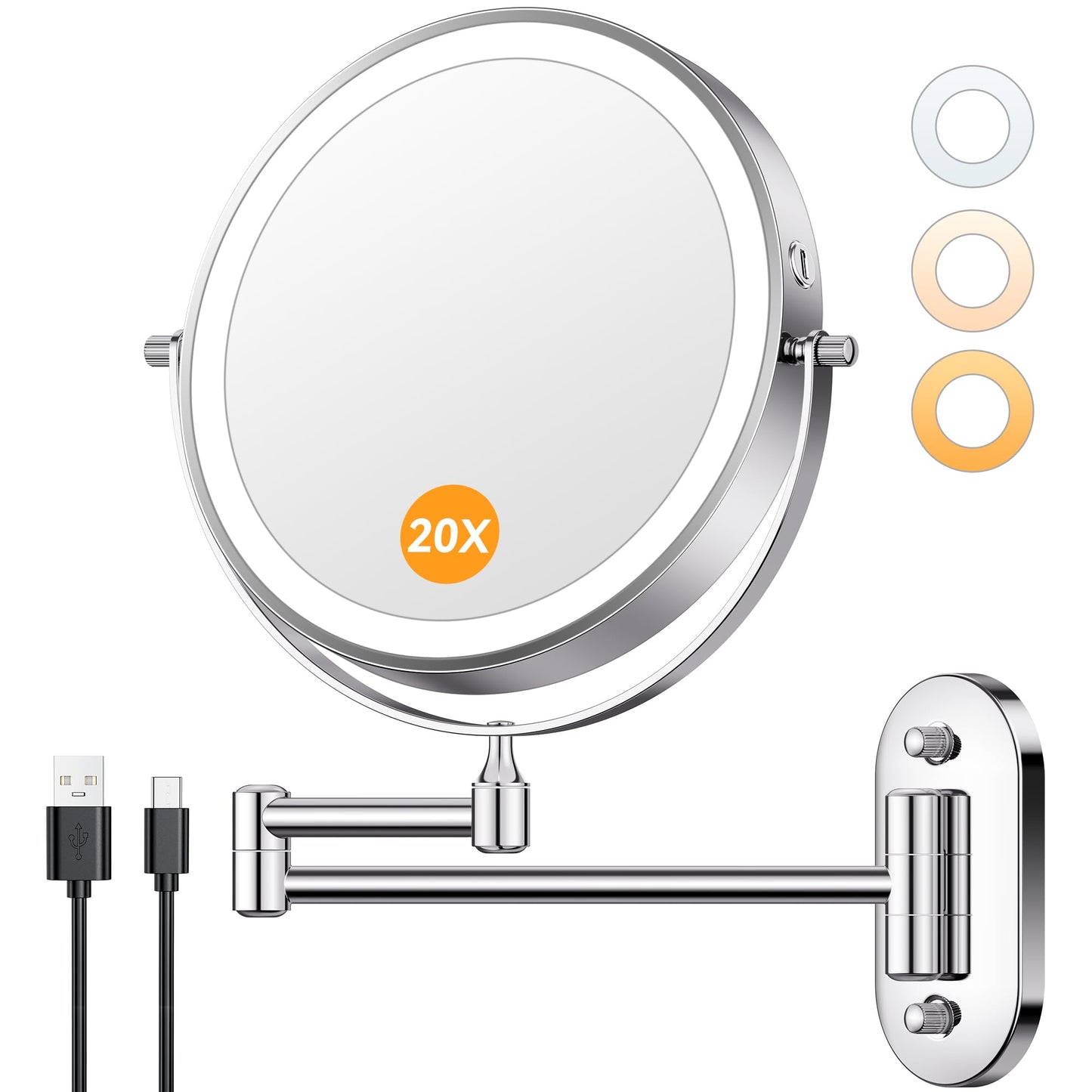 Auxmir 1X/20X Wall Mounted Makeup Mirror with Light, 3200mAh Rechargeable 8" Double Sided Magnifying Lighted Vanity Mirror, 3 Color Lights Dimmable Bathroom Wall Mounted Mirror Extendable Arm, Chrome