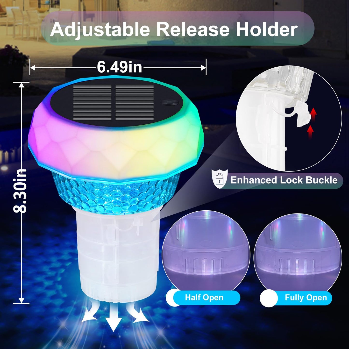 Pool Chlorine Floater with Solar Powered Lights,Floating Chlorine Dispenser for Tablets 4x3”(Tablets NOT Included),Easy Opening Chlorine Holder for Indoor & Outdoor Swimming Pool Hot Tub Spa (1)