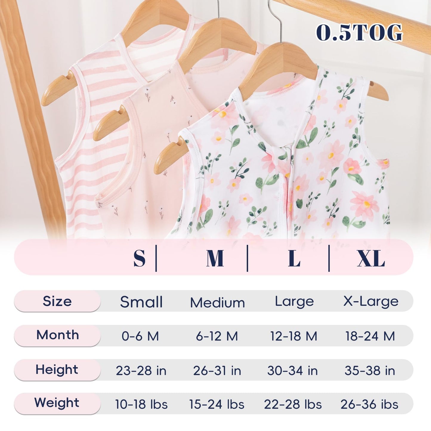 PHF Soft Baby Sleep Sack 6-12 Months 100% Cotton Wearable Blanket, 2-Way Zipper 0.5 TOG Toddler Sleeping Sack 3 Pack, Comfy Sleep Bag for Baby Girls, Pink Floral (Medium)
