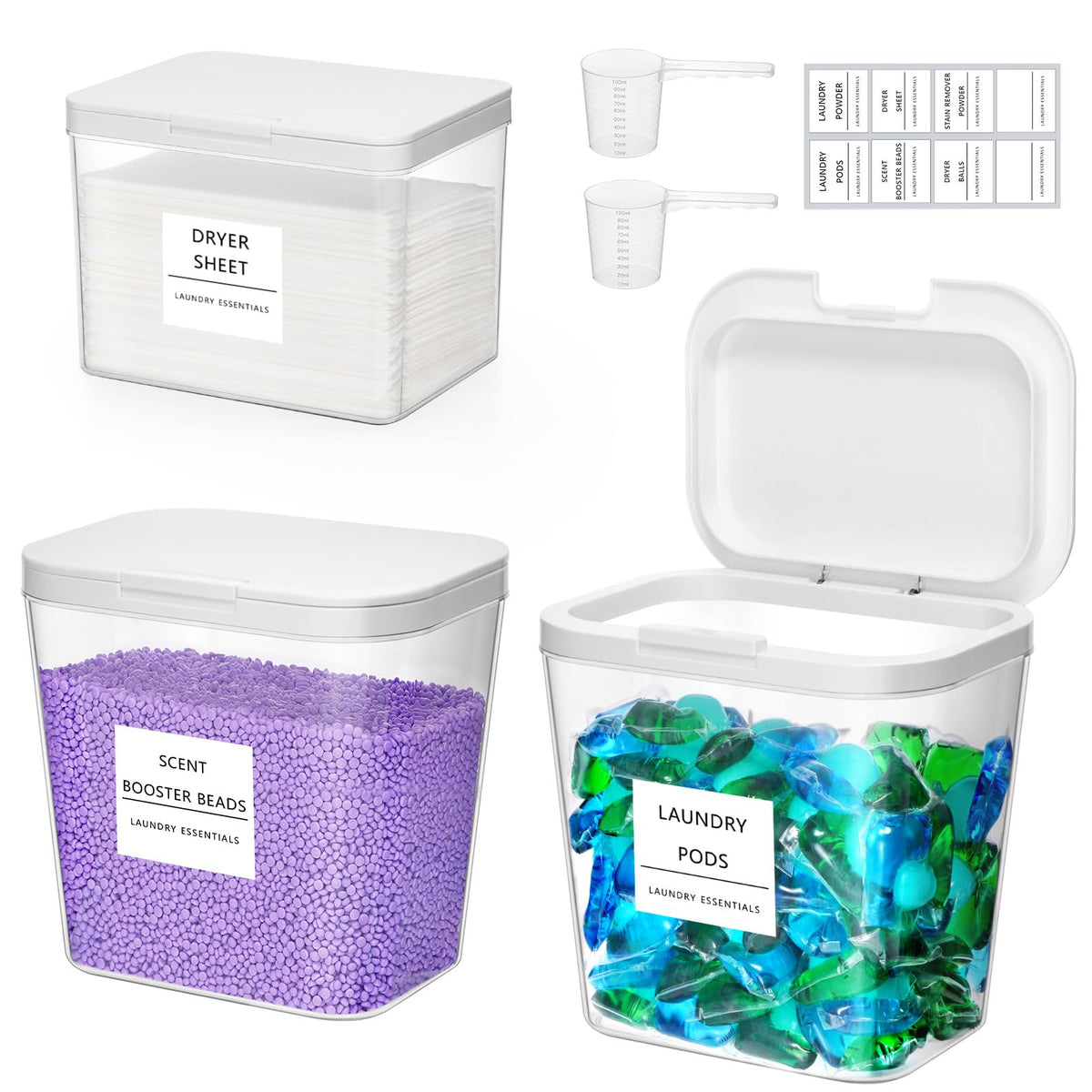 Lifewit 3 Pack Laundry Pods container & Dryer Sheet Holder Sets, Laundry Powder Container with press-to-open Lid, Laundry Room Organization and Storage for Bead, Scent Booster with Labels and Spoons