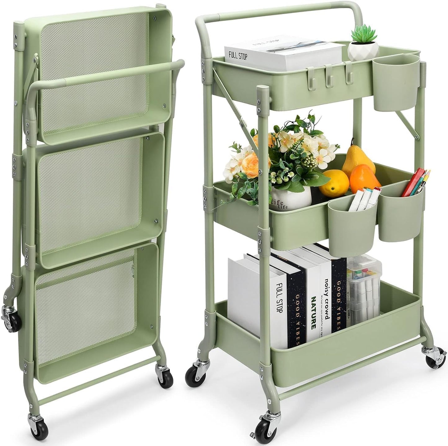 johgee Foldable 3 Tier Rolling Cart, Folding Metal Utility Cart, Mobile Multi-Function Storage Trolley Organizer Cart for Home Library Office(Green)
