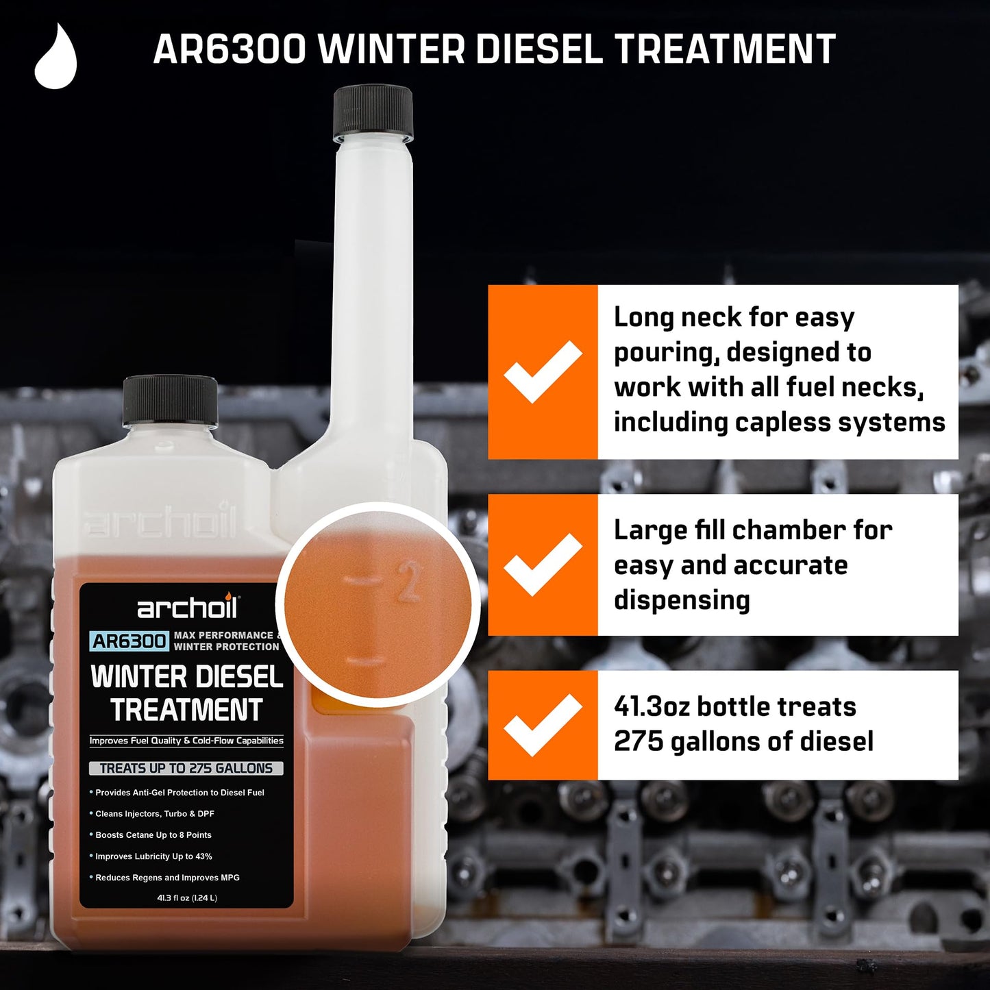 Archoil AR6300 Winter Diesel Treatment (41 oz) Treats 275 Gallons, Diesel Anti-Gel Additive, Lubricity Improver, Cetane Booster, Injector Cleaner, DPF & Turbo Deposit Control