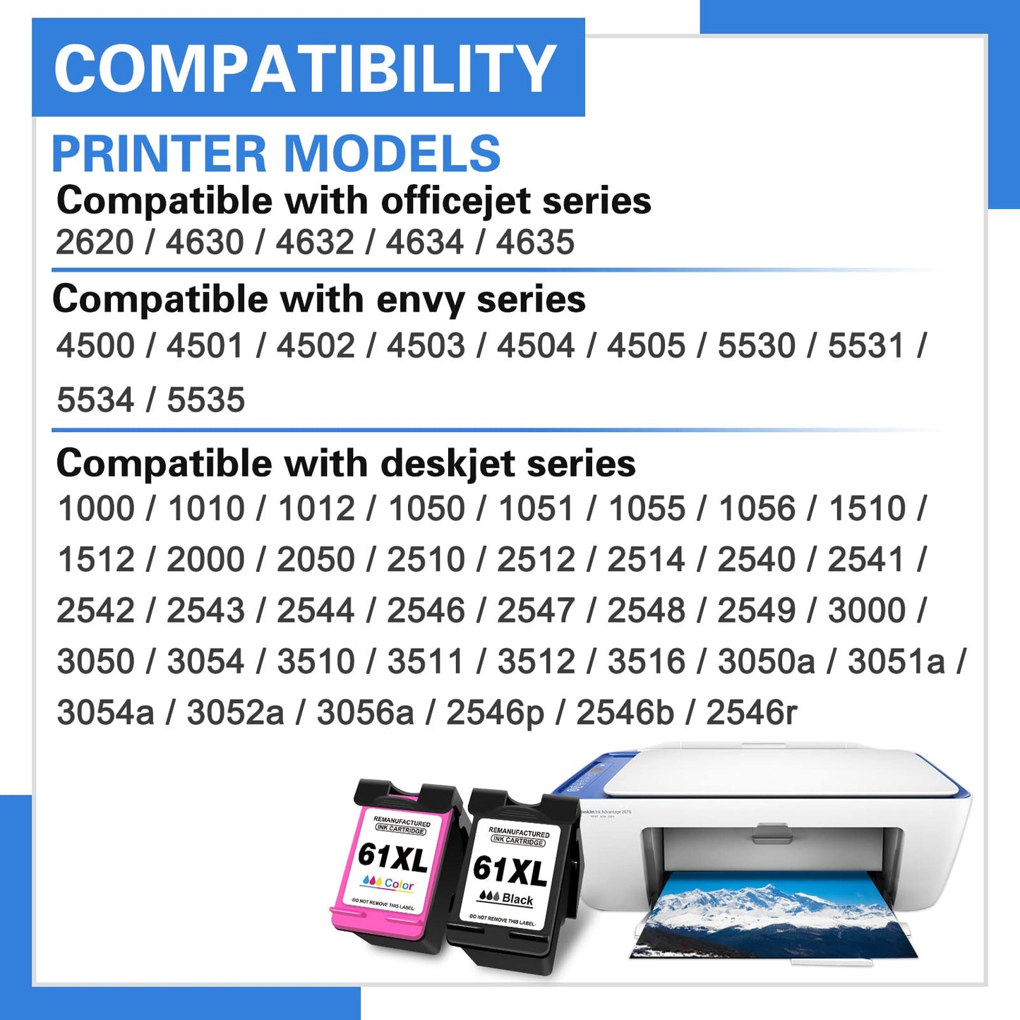 Jonity 61XL Ink Cartridges Replacement for HP 61 XL Ink HP61 Ink Cartridges for Printer Envy 4500 4502 5530 5534 officejet 4630 4635 Deskjet 3050A 1010 1512 3054 CR259FN (1 Black, 1 Tri-Color)