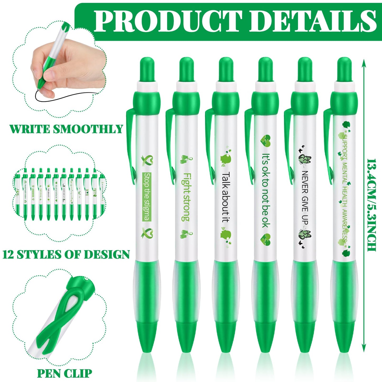 Ctosree 120 Pcs Mental Health Awareness Pens Gifts Bulk 12 Style Green Ribbon Retractable Gel Pens Black Ink Mental Health Awareness Accessories Favors Items for Office Charity Stuffers