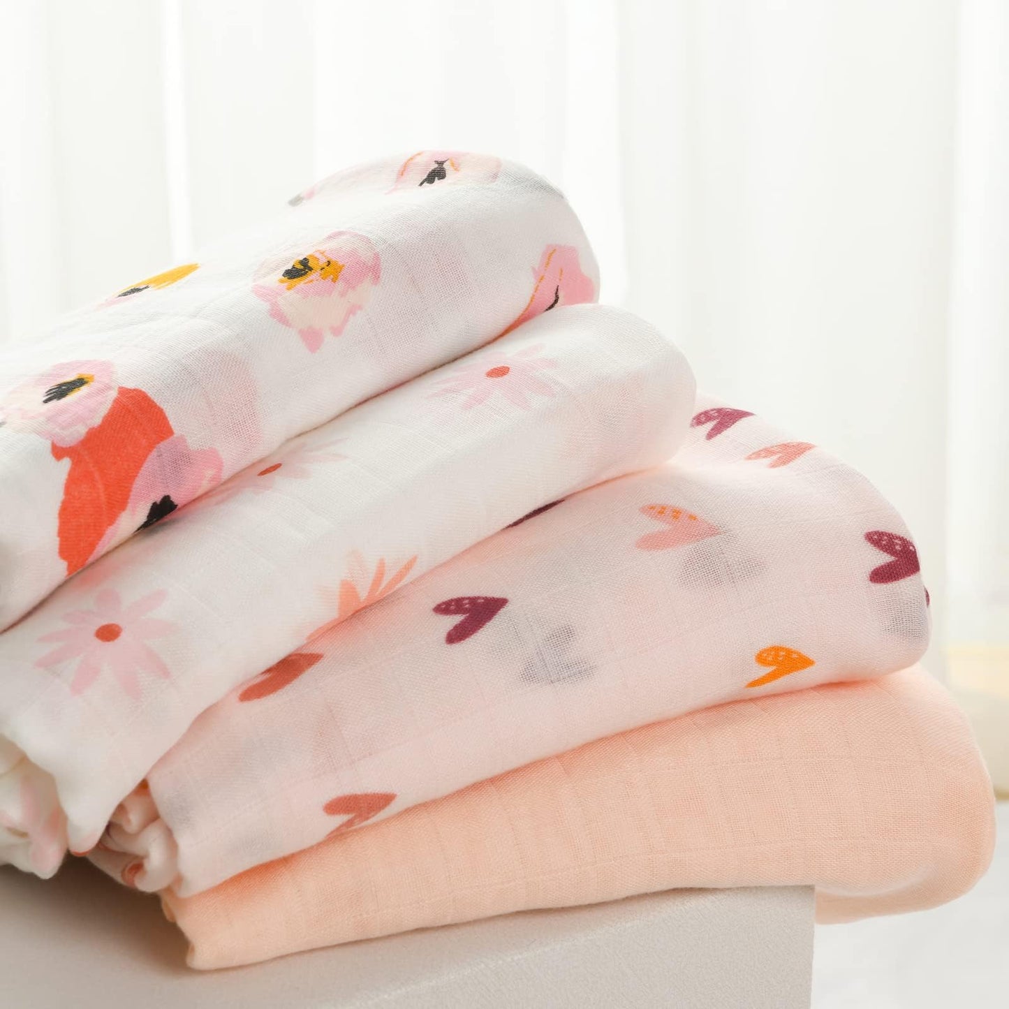 Momcozy Muslin Swaddle Blanket, 4 Pack Ultra Breathable Muslin Blanket, Breathable Large 47'' x 47'' for Baby Girls, Skin-Friendly Swaddle Blankets for Baby Shower Gifts, Full Blossom