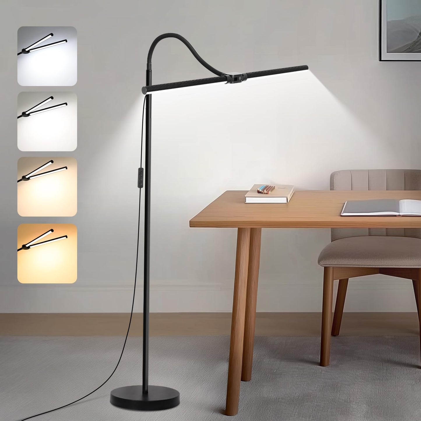 LED Floor Lamp, 18W/2000LM Bright Floor Lamps for Living Room, Dimmable Eye Caring Reading Light with Double Head, Adjustable Gooseneck Modern Standing Office Lamp for Lash Extension Craft Tatoo