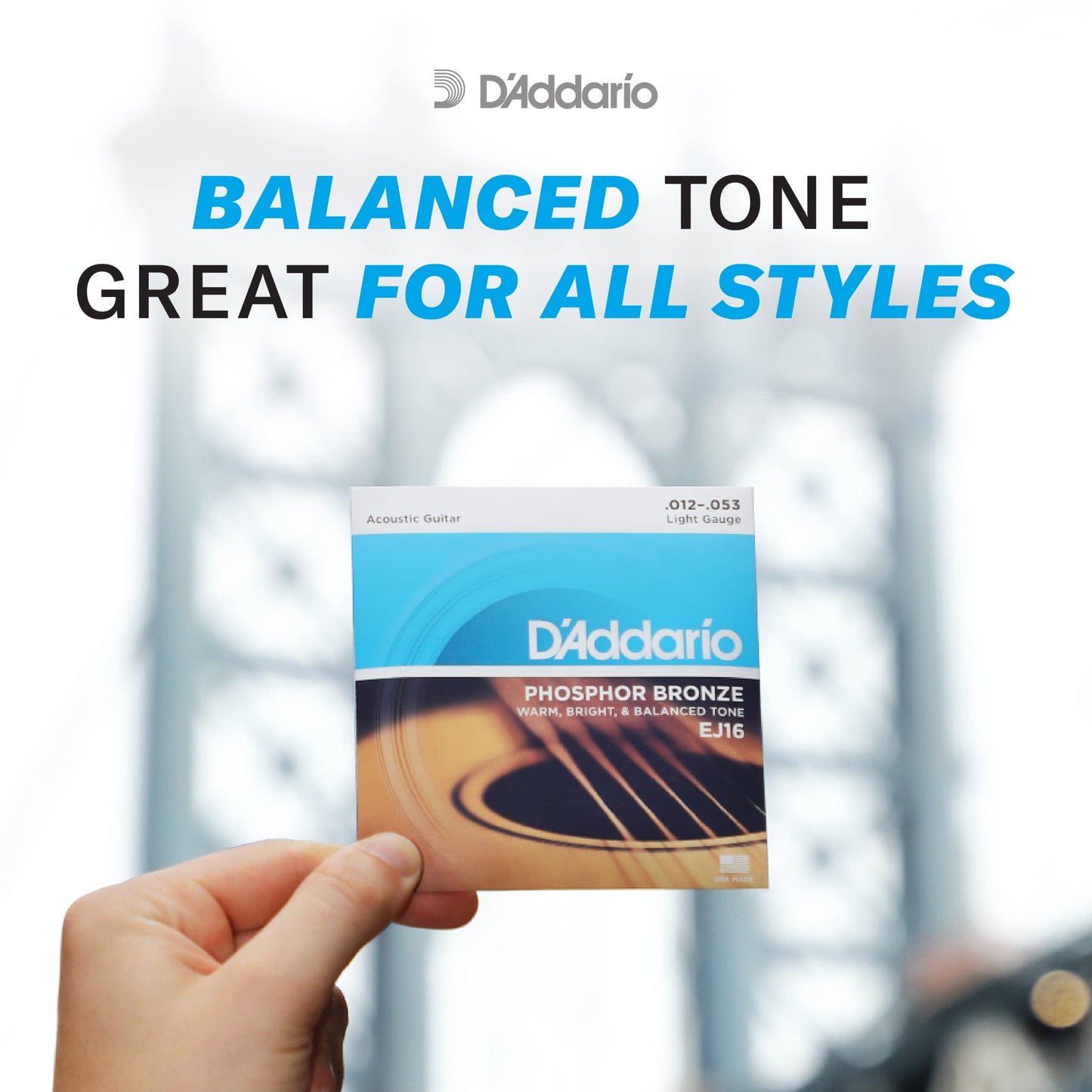 D'Addario Guitar Strings - Acoustic Guitar Strings - Phosphor Bronze - For 6 String Guitar - Warm, Bright, Balanced Tone - EJ16-10P - Light, 12-53 - 10-Pack