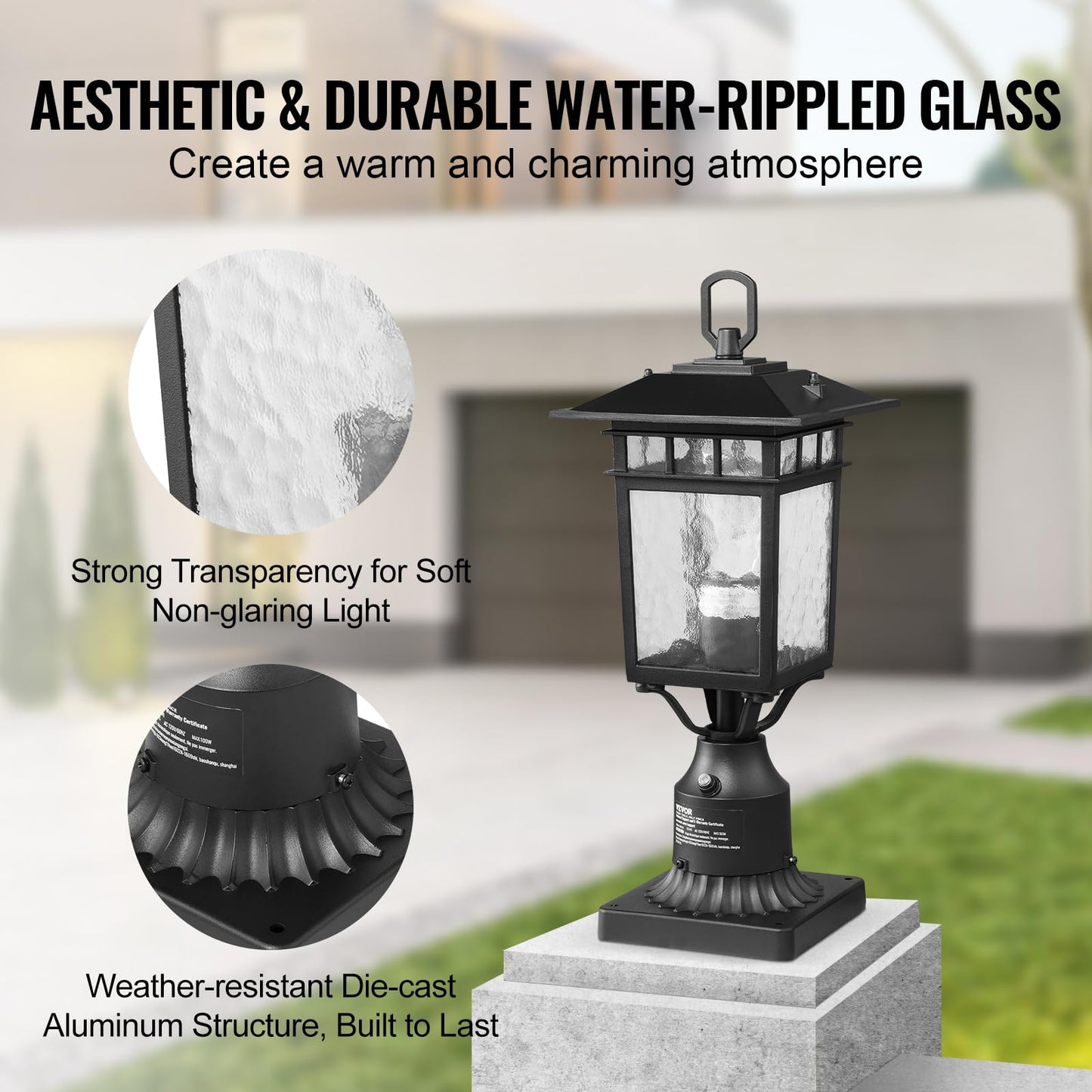 VEVOR 2 Pack Dusk to Dawn Outdoor Post Light, 15.75 in, Waterproof Lamp Post Light Fixtures with 3.5 in Pier Mount Base Glass Shade, Lightning-proof Exterior Pole Column Light for Patio Garden Pathway