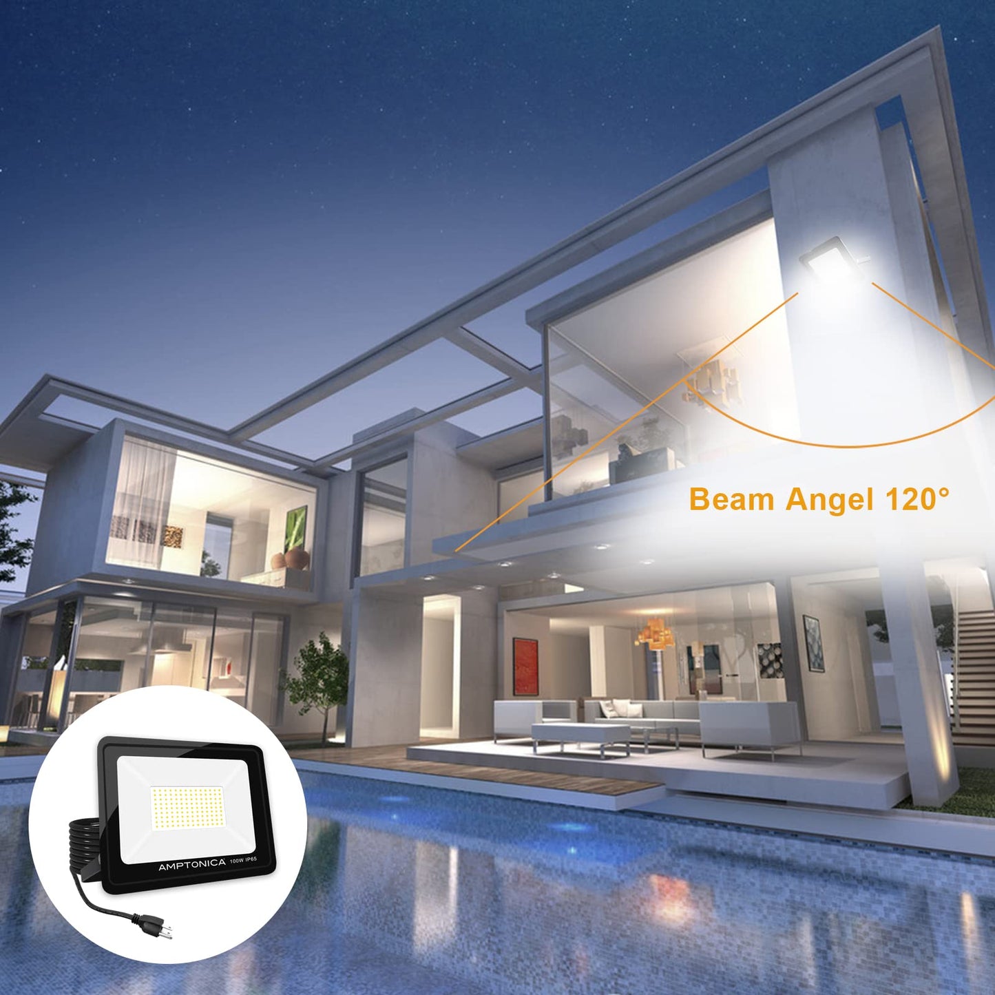 Amptonica LED Flood Light, 100W 10000 Lumen Waterproof Outdoor Floodlights with Plug, 5000K Daylight Exterior Flood Light, 500W HPS Equivalent LED Work Light for Landscape, Garden, Yard, 2 Pack