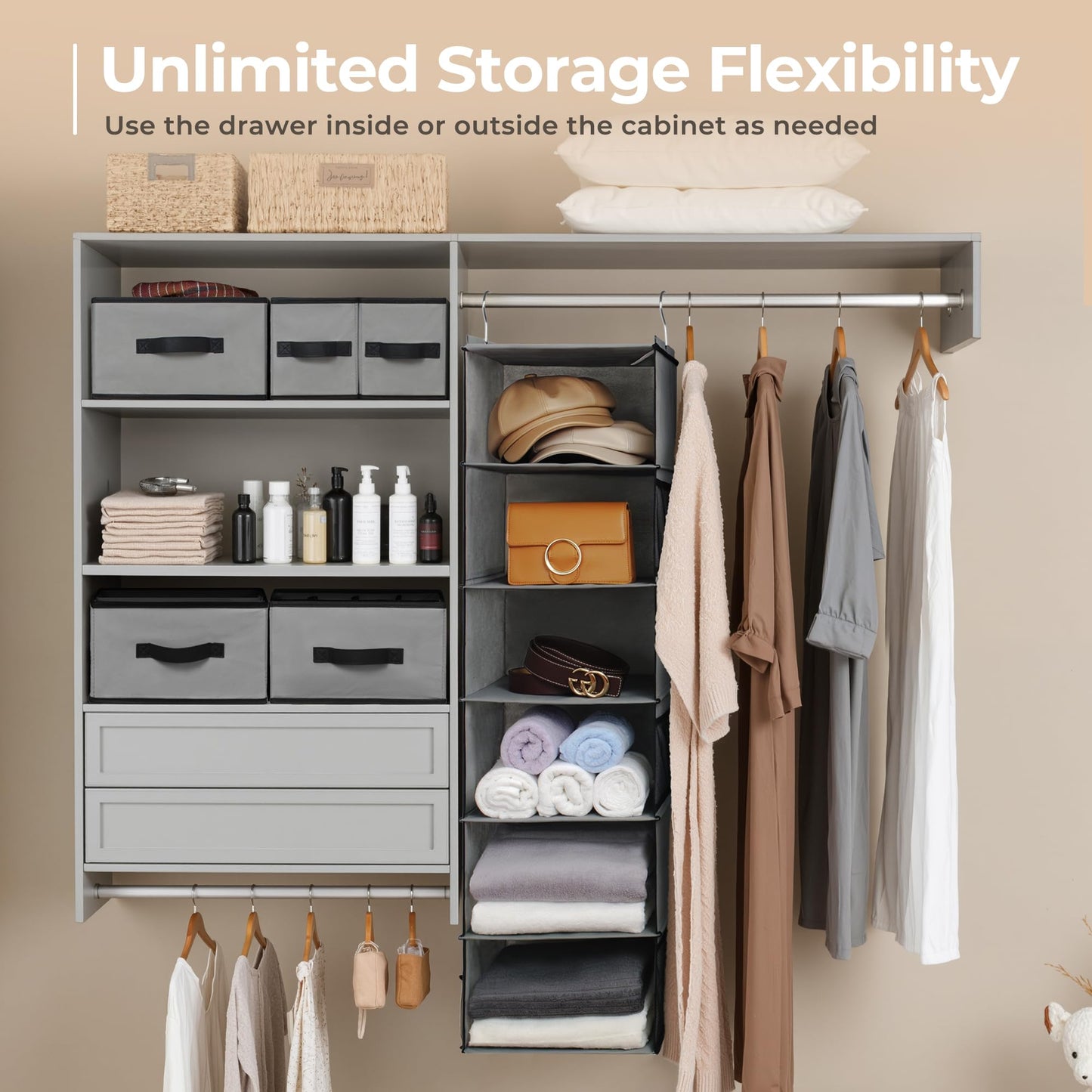 GRANNY SAYS Hanging Closet Organizer with Drawers, Rangement Garde Robe, Hanging Storage Organizer, Closet Organizers and Storage for Clothes, 1-Pack, 31 x 35 x 108.4cm, 6-Shelf, Grey