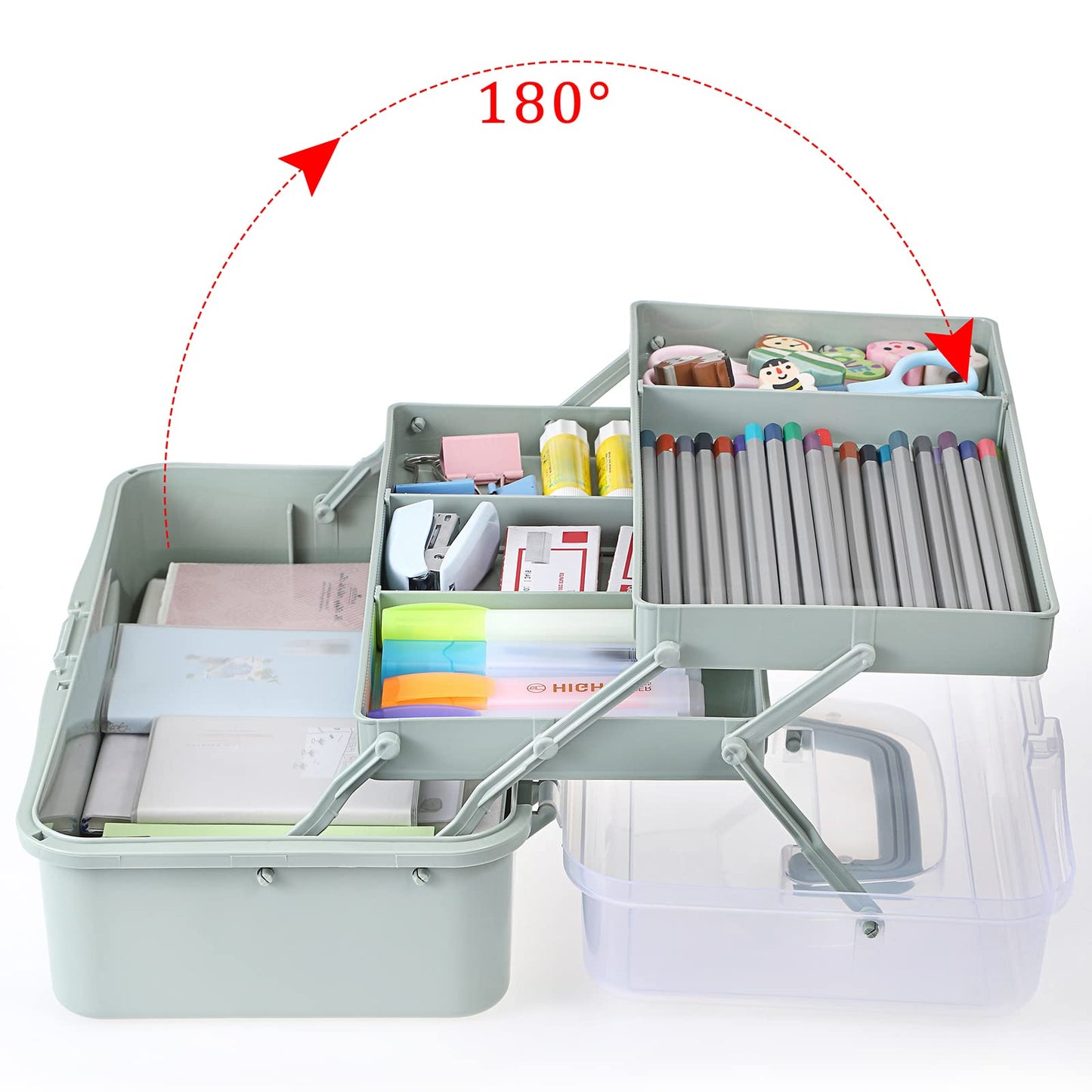 JuxYes Three Layer Multipurpose Storage Box, 3-Layer Art Craft Storage Container Clear Plastic Folding Tool Box Art Crafts Case Sewing Supplies Organizer with 2 Tray, Green