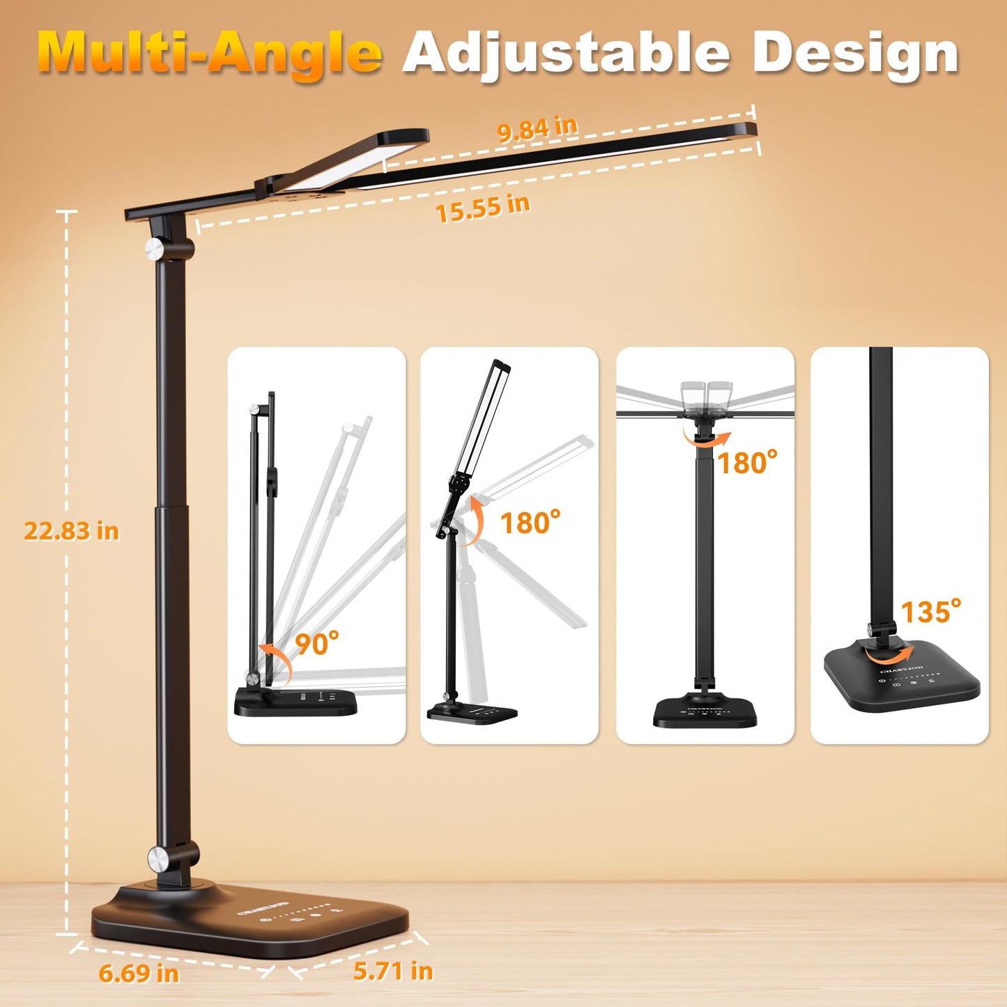 LED Desk Lamp for Office Home, Double Head Height Adjustable Desk Light with 50 Lighting Modes, Eye-Caring Architect Table Light for Reading, Study, Drafting, 45 Min Auto Timer