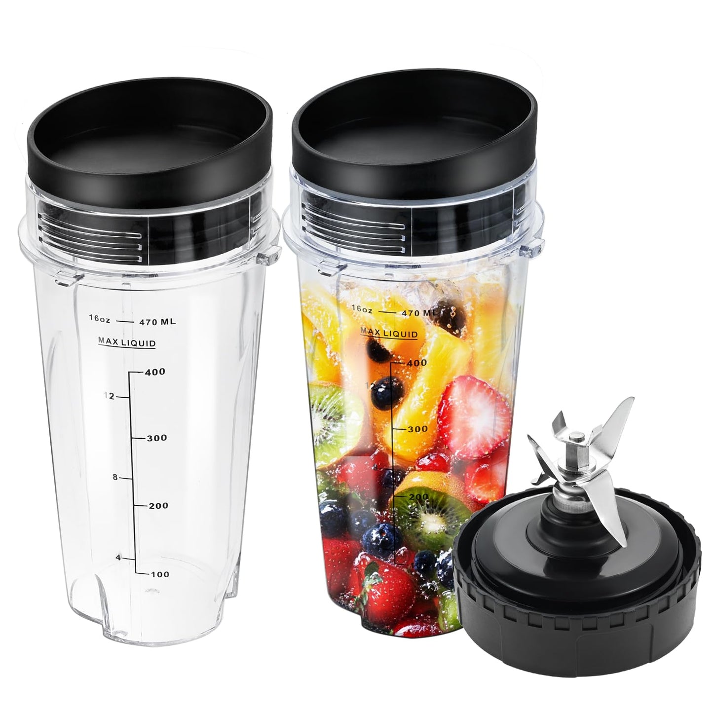 Replacement for Ninja Blender Single Serve 16oz Cups Scale with with Sip Seal Lids, 6 Fins Extractor Blade Compatible with Nurti Ninja Blenders BL660 BL663 BL663CO BL665Q BL740 BL770 (Pack of 5)