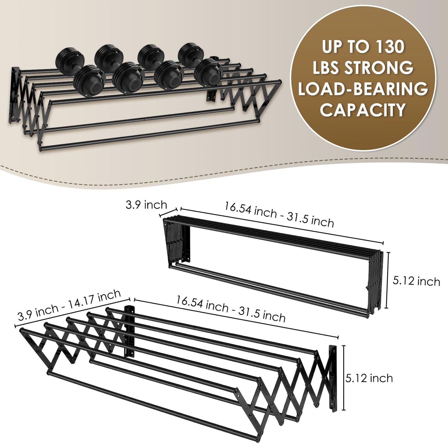 XL-31.5'' Wall Mounted Clothes Drying Rack, 130 lbs Large Capacity Rustproof Retractable Collapsible Drying Rack Easy Install with 7 Drying Rods, Space Saving Towel Drying Rack for Laundry-Black