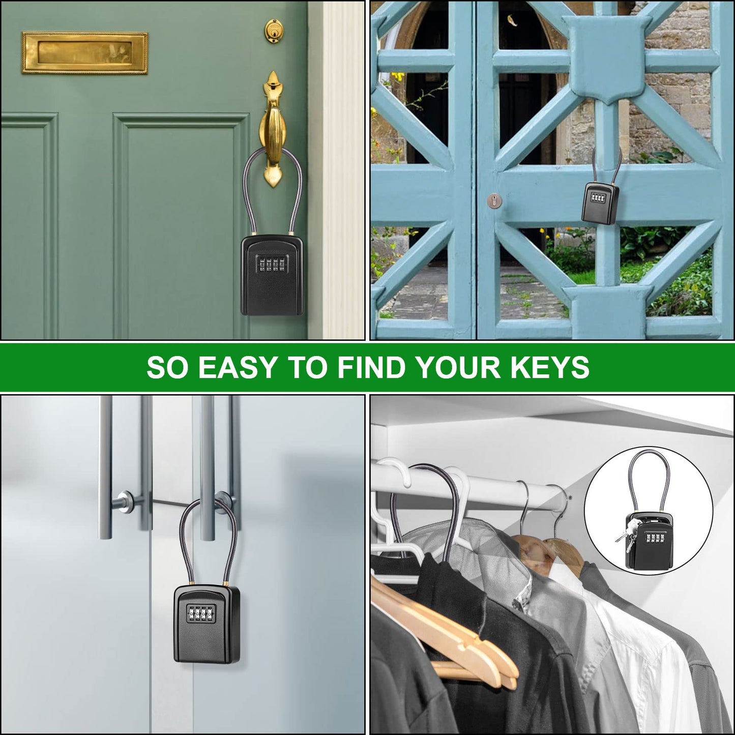 Key Lock Box, [New Version] [Flexible Rope] Diyife Portable Outdoor Lock Box for Keys with Removable Chain, Weatherproof 4-Digit Combination Key Safe for Home Garage AirBnb Office [2 Packs, Black]