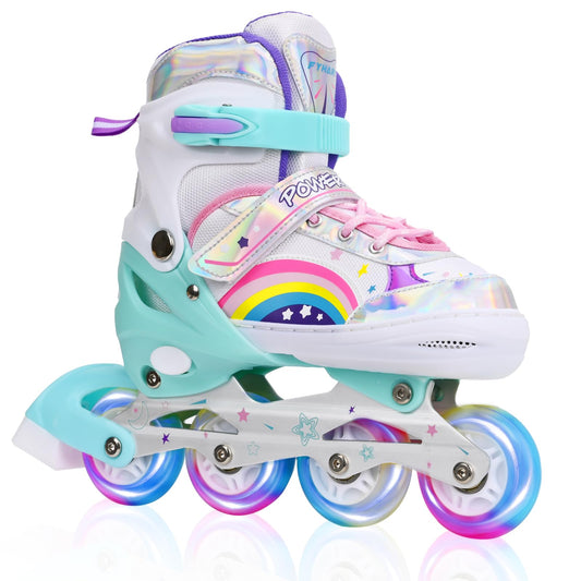 Adjustable Inline Skates for Kids Girls Children Beginners, Rainbow Inline Roller Skates with Light Up Wheels for Kids and Youth for Sports (Small)