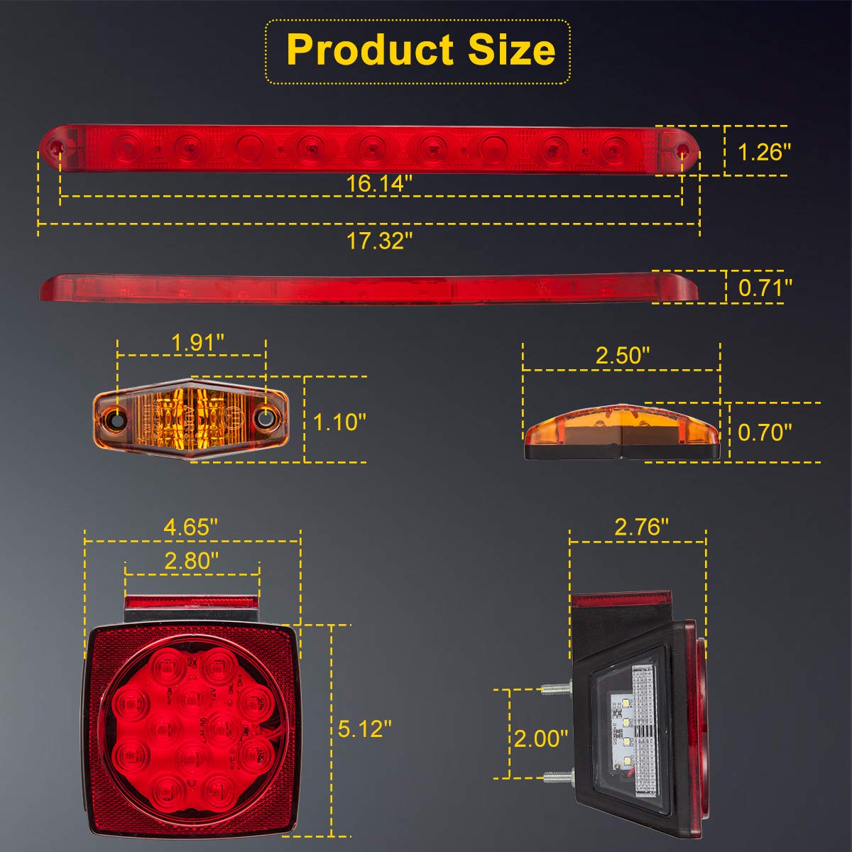 LIMICAR LED Trailer Light Kit - Amber Red Markers & Brake Light Bar, Submersible, Boat Trailer Lights for Utility Trailer