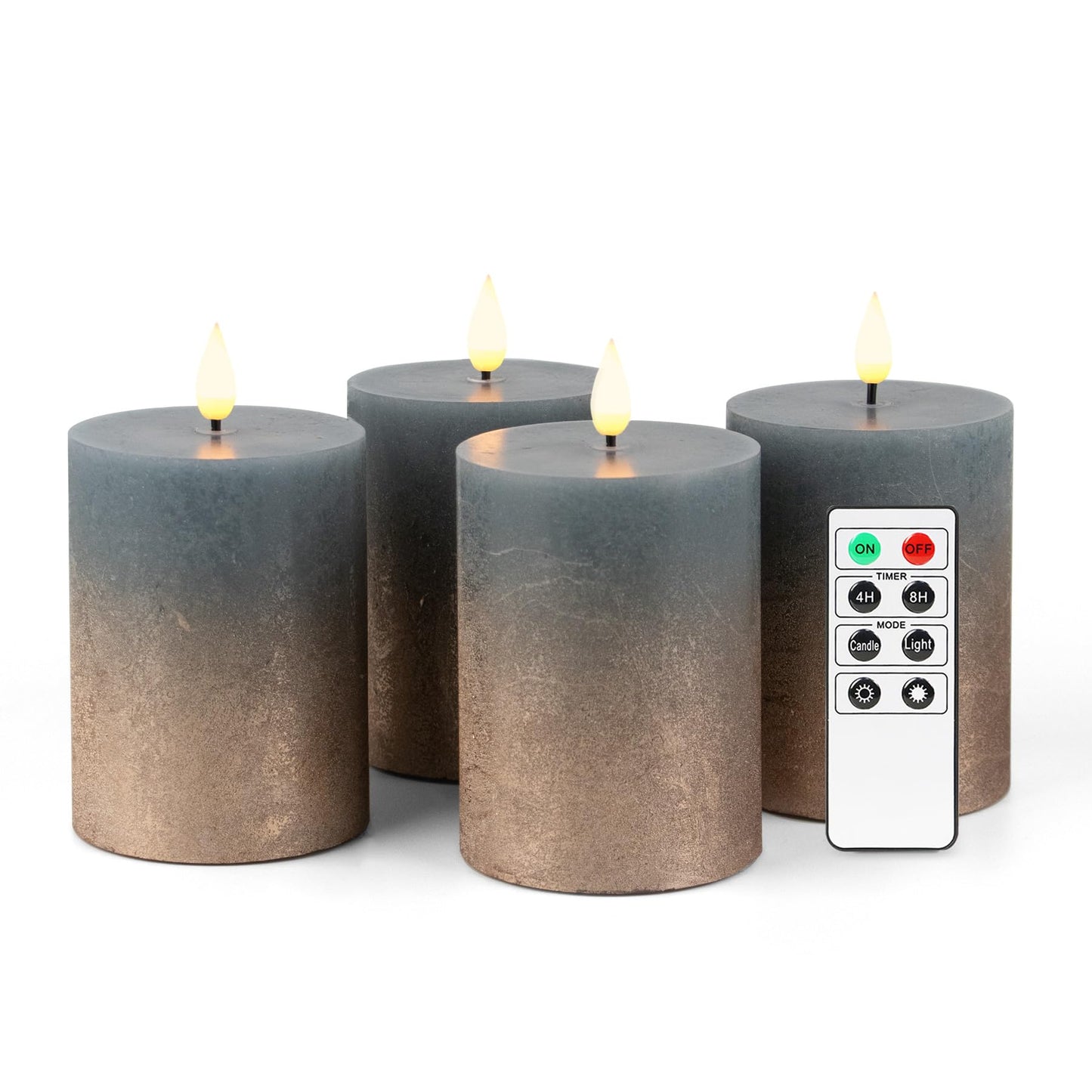 Fanna Flameless LED Pillar Candles with Timer for Wreath, Battery Operated Rustic Wax Candles with Remote for Christmas, 8 Batteries Included - Set of 4 (D 7.5cm x H 10cm) - Misty Blue/Copper