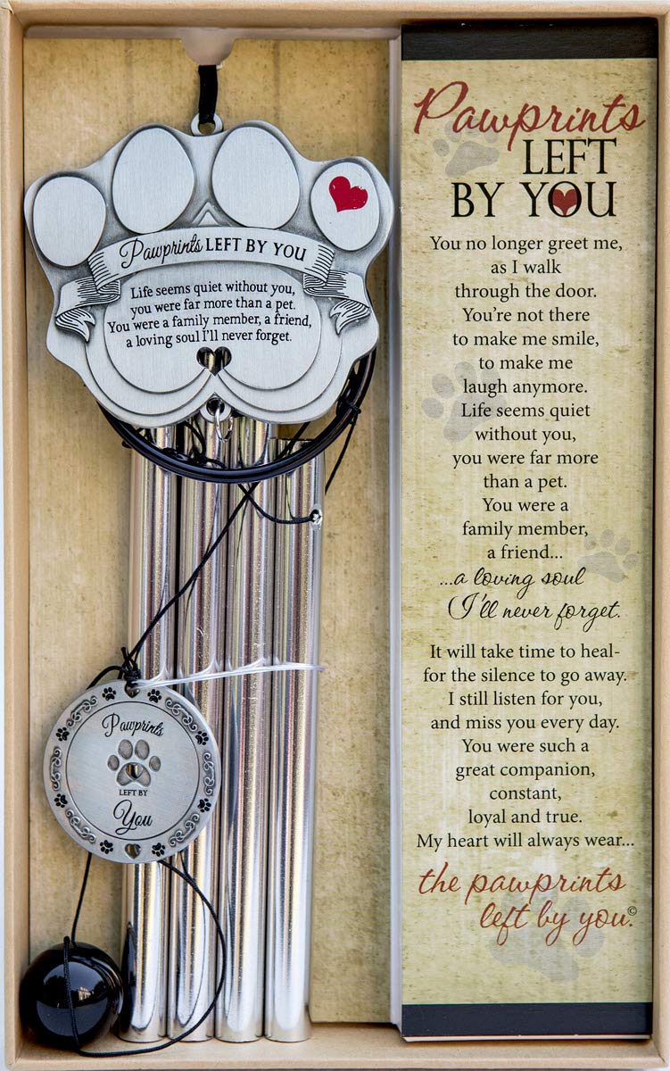 Pet Memorial Wind Chime - 12” Metal Casted Pawprint Wind Chime - A Beautiful Remembrance Gift For a Grieving Pet Owner- Includes “Pawprints Left By You” Poem Card.