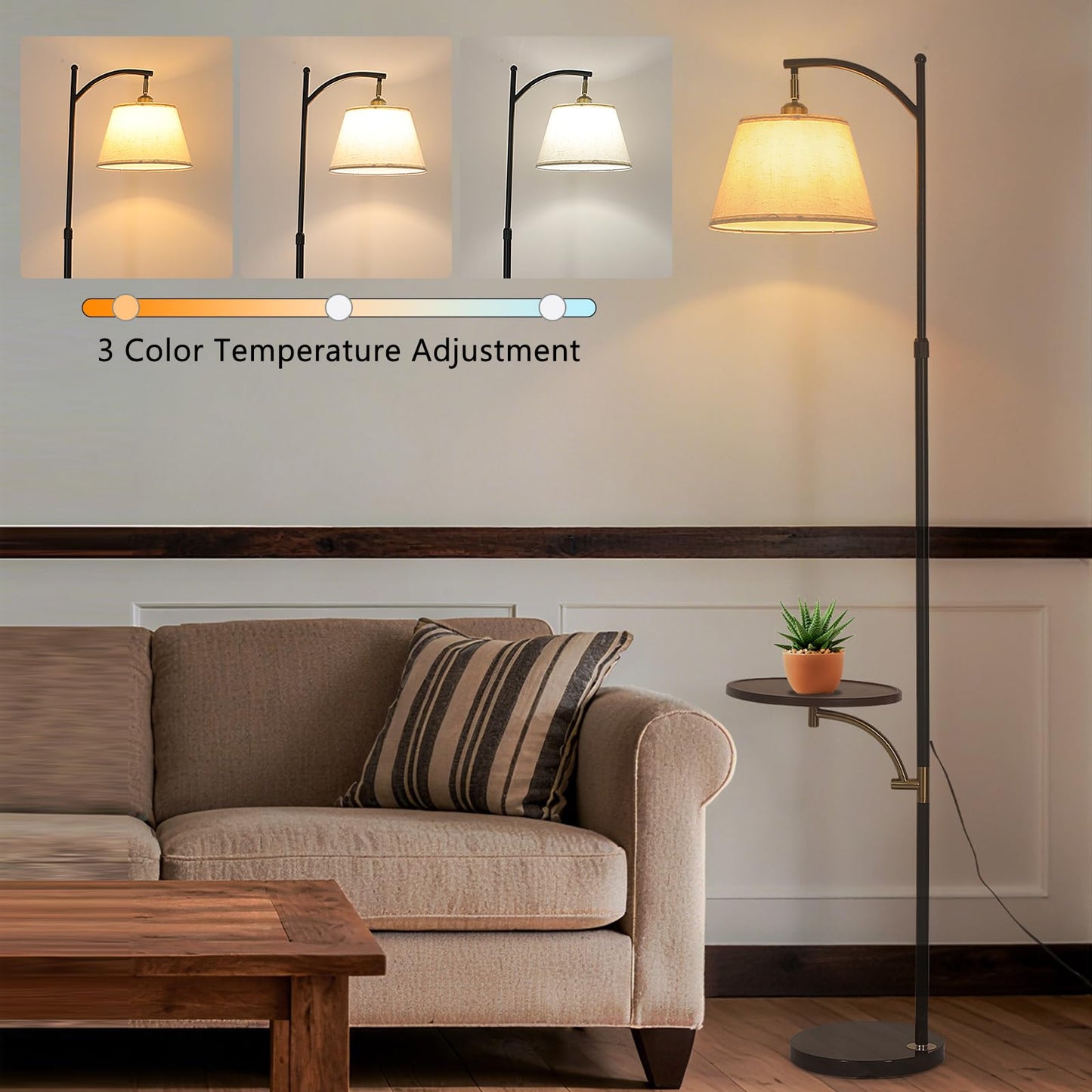 Floor Lamp with Table for Living Room, Tall Floor Standing Lamps with Shelves, Height Adjustable Lamp Table Combo, Dimmable Corner Rustic Lamps with Tray for Bedroom Office, Bulb Included (Linen)