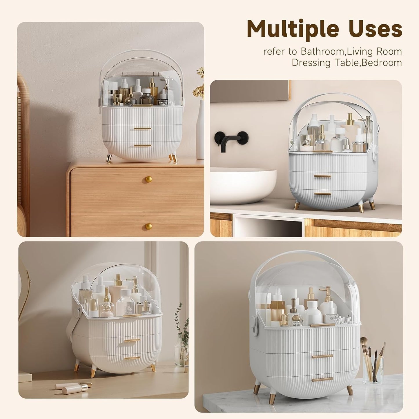 Makeup Organizer Storage Box, Cosmetics Display Case with Transparent Cover, Dust Waterproof Cosmetics Storage Box Suitable for Bathroom Countertop and Bedroom Vanity Dresser (White)