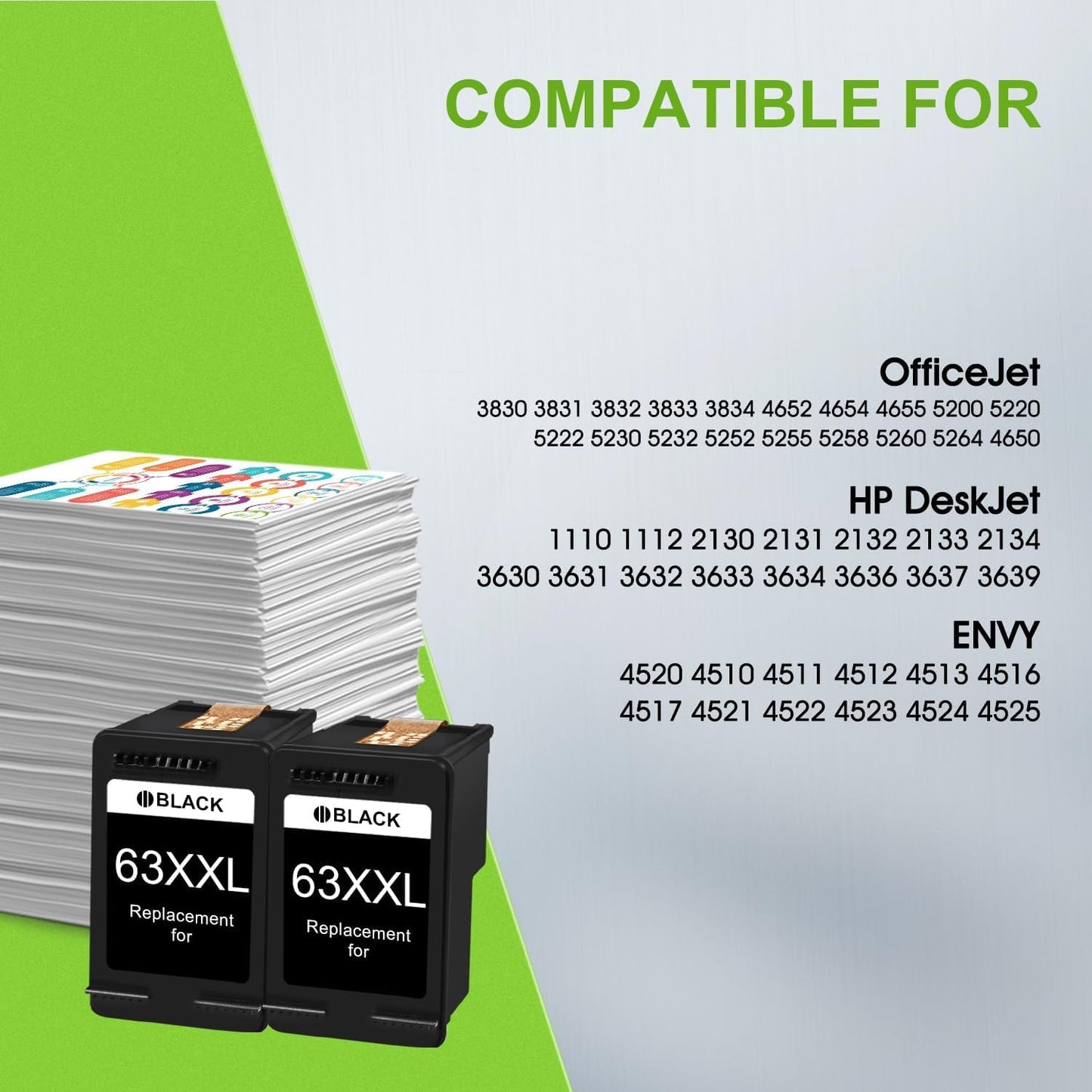 63XXL Black Ink Cartridges Replacement for HP Ink 63 63 XXL 63 XL Black Ink Works with Officejet 3830 4650 5252 5255 5258 Envy 4520 4512 Deskjet 1112 2132 3632 Printer（2 Black）