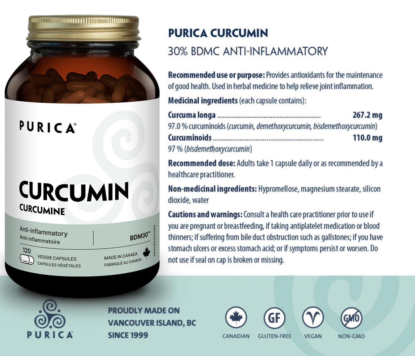 PURICA Extra Strength Curcumin 30% BDMC, 120 Vegan Capsules 120-Day Supply - Turmeric Curcumin Supplements for Skin and Brain Health - Provides Antioxidants for the Maintenance of Good Health