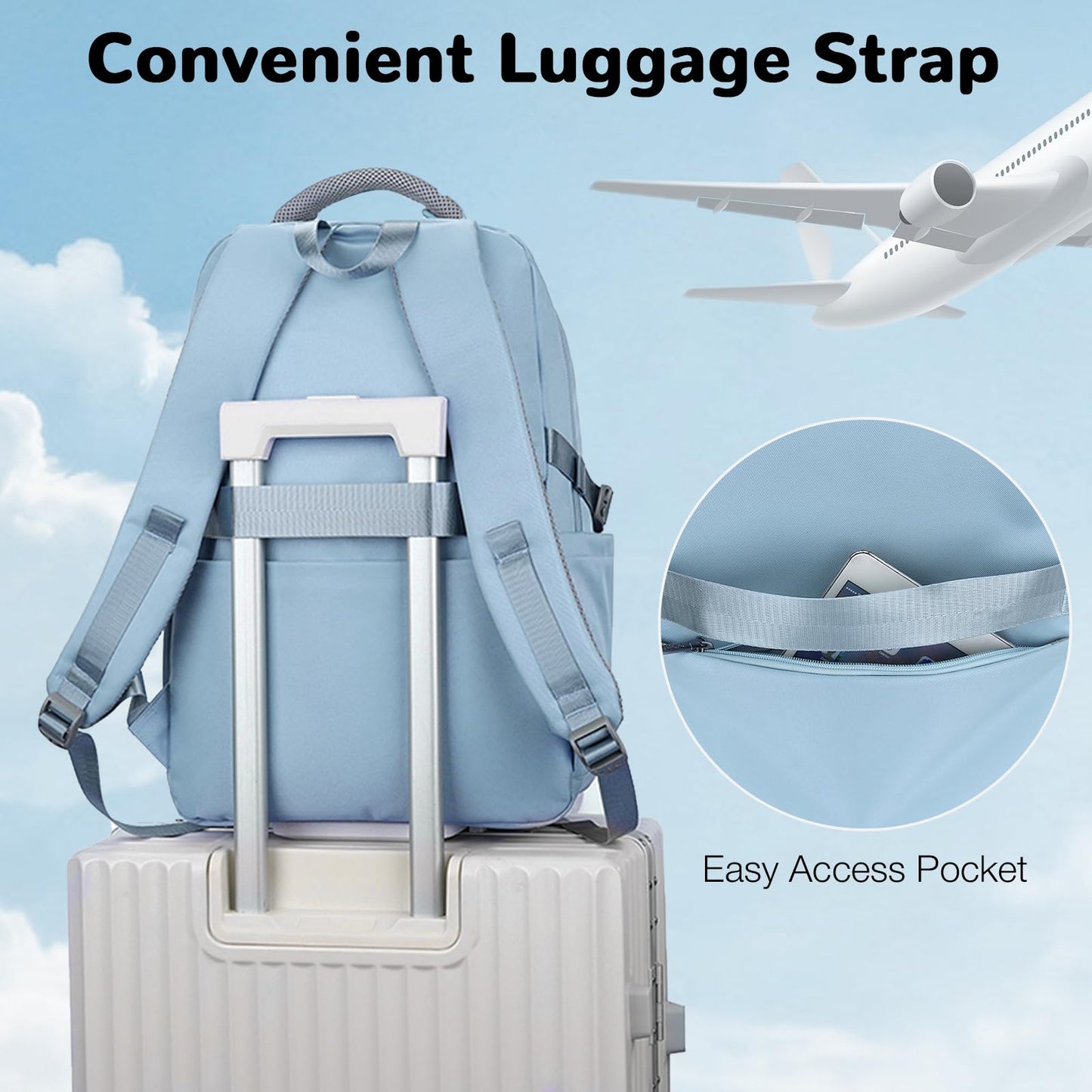 Outplea 25L Travel Laptop Backpack for Women, Carry On Casual Daypack with Luggage Strap for Business, College High School Nurse Bag Backpack with 15.6" Laptop Compartment for Teen Girls, Blue