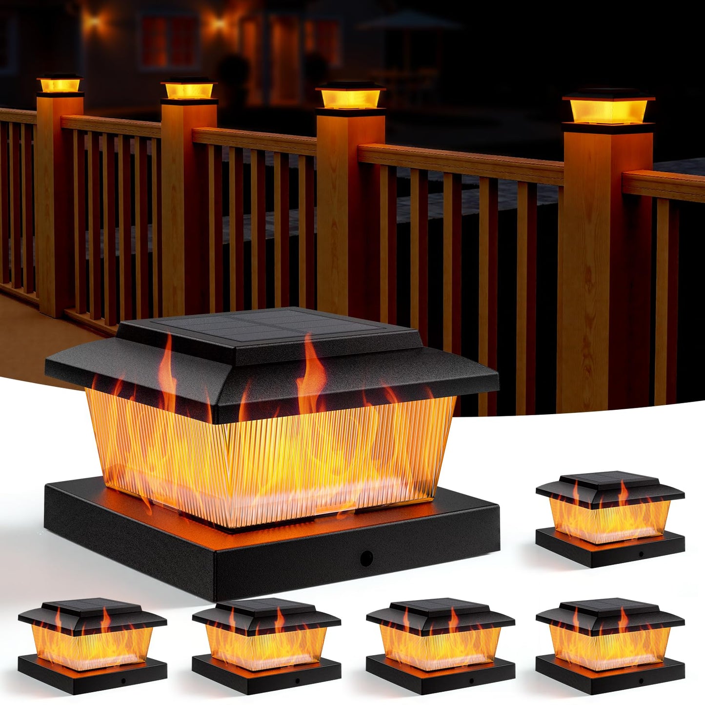 APONUO Fence Post Solar Lights, Warm White & Flickering Flame Modes, Waterproof LED Fence Post Lights for 4x4 Wood Vinyl Posts, Solar Powered Auto On/Off, Deck,Patio,Fence Yard Lighting,Black 6 Pack