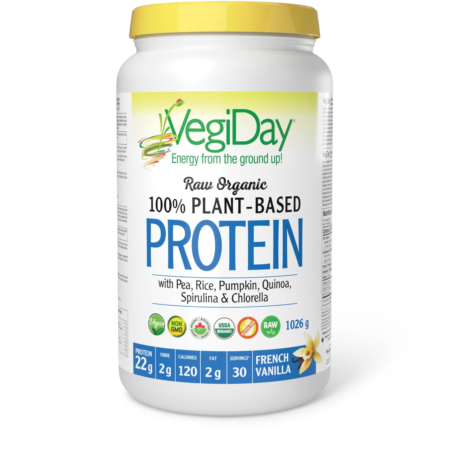 VegiDay Raw Organic Plant Based Protein 20g, French Vanilla, 1110g with Pea, Pumpkin, Chia, Quinoa, Spirulina & Chlorella