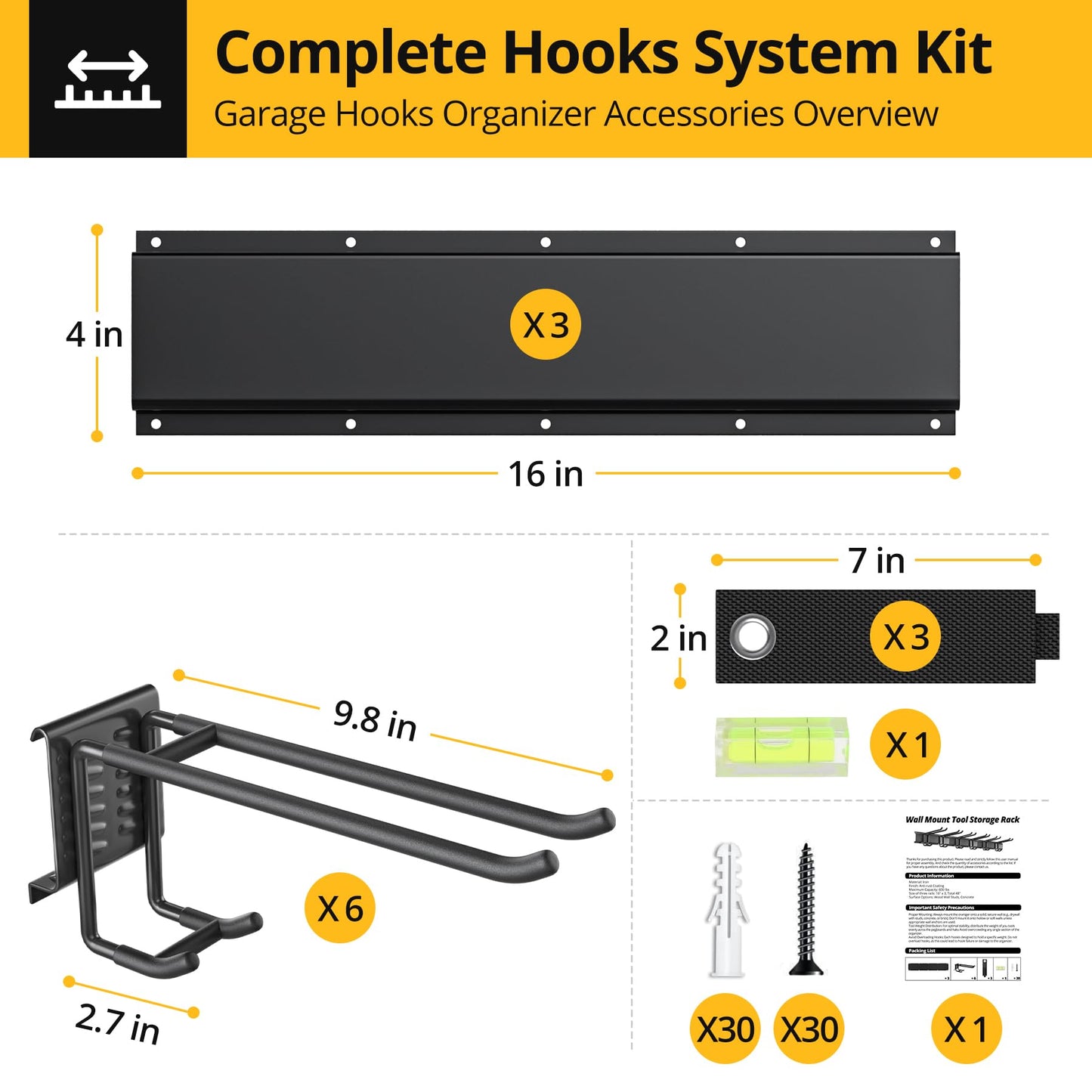 Garage Storage & Garage Organization - Garage Wall Organizer with Heavy Duty Garage Hooks, 6 Double-Layer Hangers, 3 Extension Cord Straps, 48-Inch Garden Tool Organizer, 600lbs Capacity