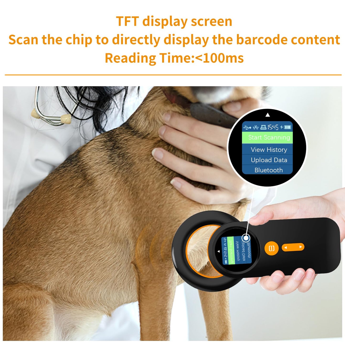 Pet Bluetooth Microchip Reader, alacrity 3-in-1 Label Reader (2.4GHz Wireless + Bluetooth + USB) Universal Animal with 1.4" TFT Display, Rechargeable Battery