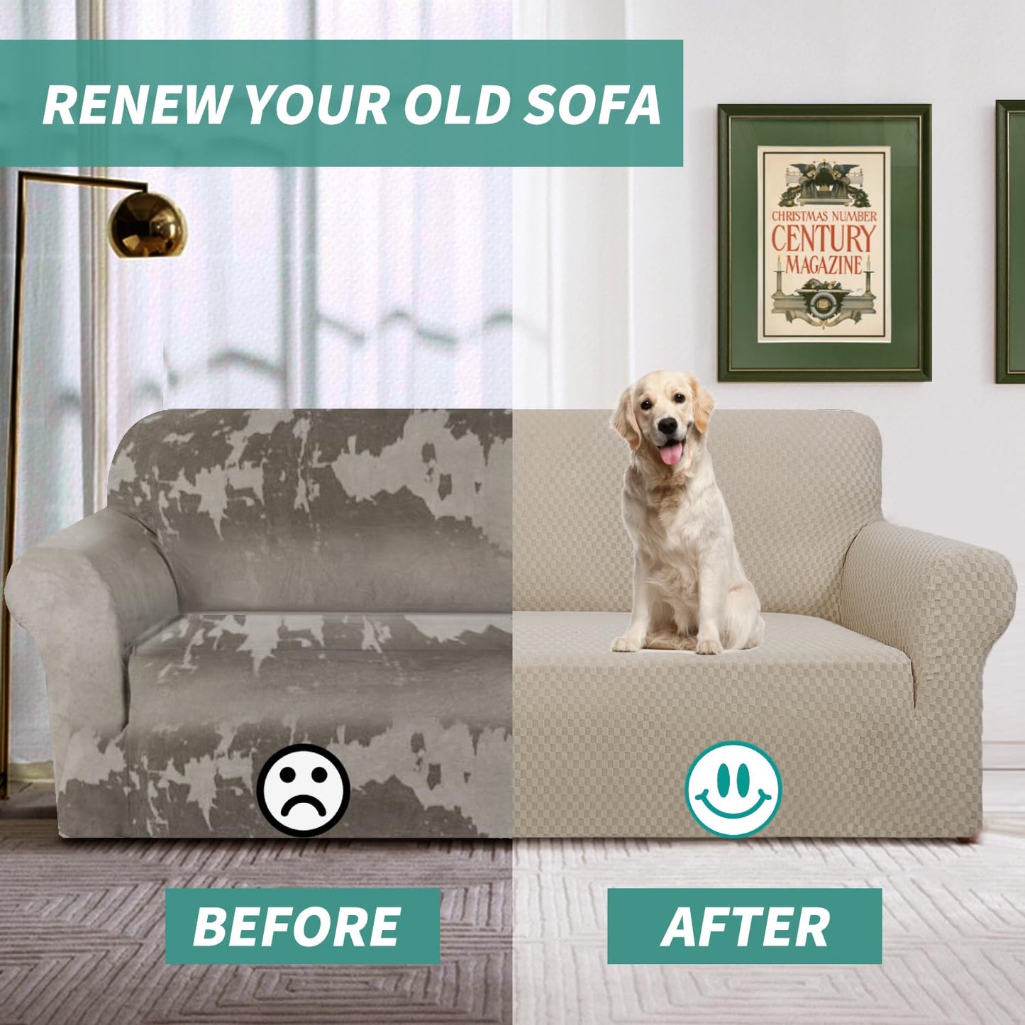 YEMYHOM Couch Cover Latest Jacquard Design High Stretch Sofa Covers for 3 Cushion Couch, Pet Dog Cat Proof Slipcover Non Slip Magic Elastic Furniture Protector (Large, Khaki)