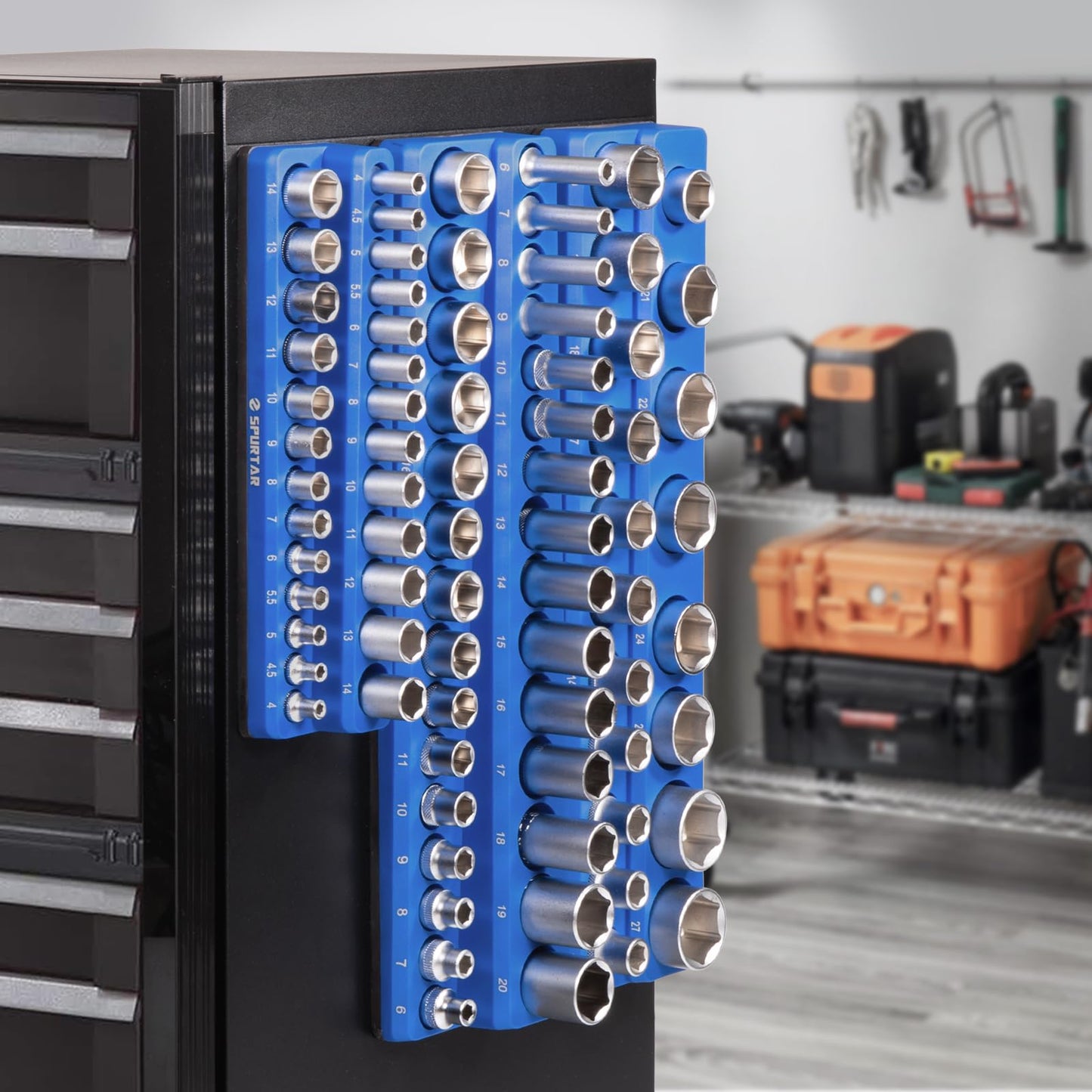 Spurtar Magnetic Socket Organizer 6 Pcs, Metric SAE Magnetic Socket Holder Includes 1/4-Inch, 3/8-Inch, 1/2-Inch Drive Metric SAE Trays, Holds 143 Standard Size and Deep Size (Sockets Not Included)
