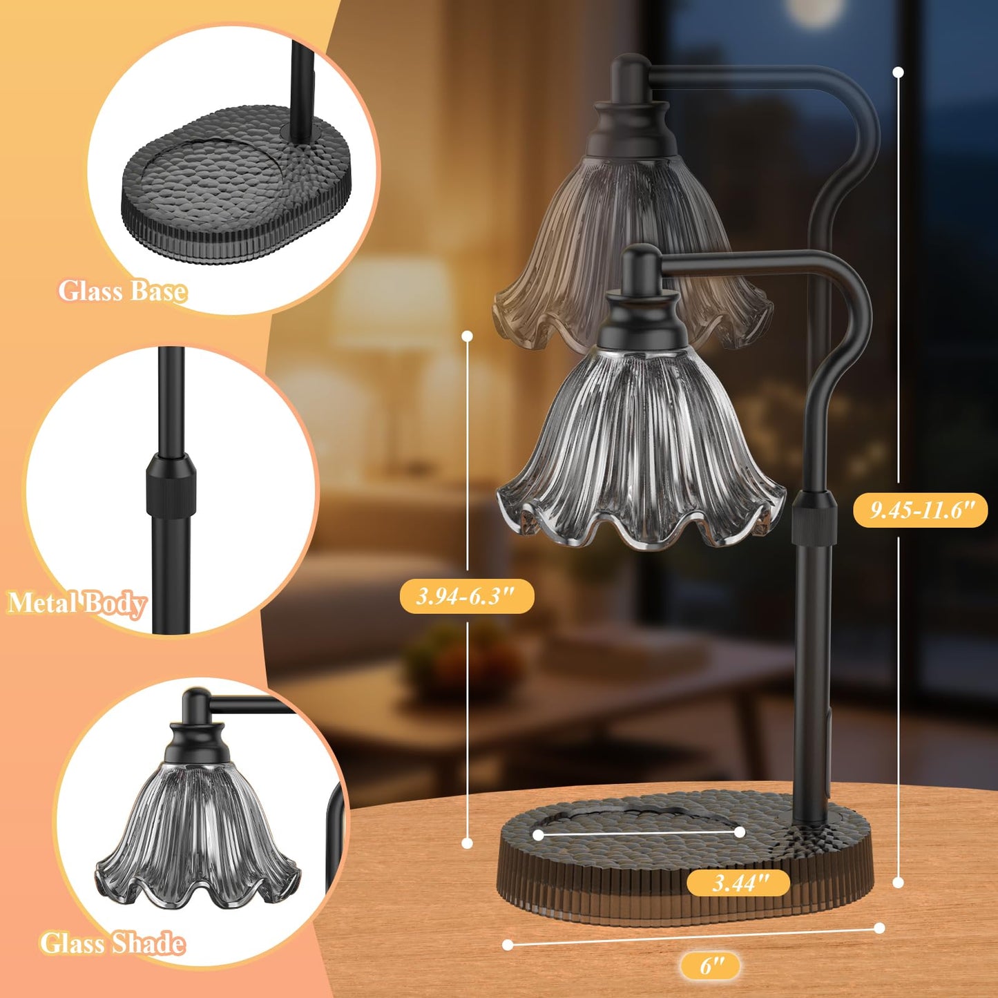 Candle Warmer Lamp with Adjustable Height - Flameless 4-Level Dimmable Wax Warmer, Timer Function & Stylish Design in Multiple Colors （Black