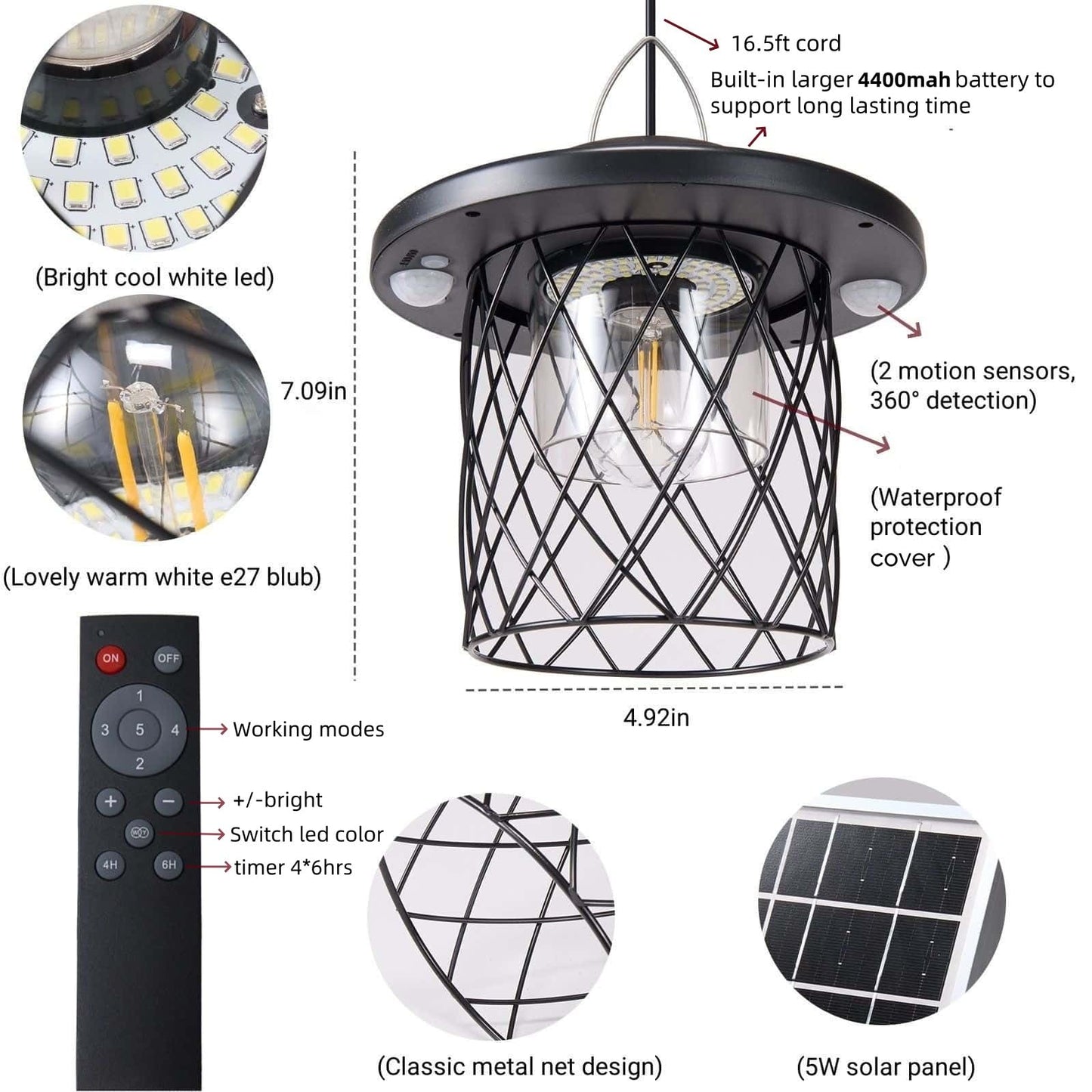 HULPPRE 3000lm Solar Shed Light,Daytime or Night,Classic Metal Solar Lights Indoor&Outdoor with E27 Bulb,Cool or Warm White,5 Modes Barn,Chicken Coop Light,Pendant Lamp for Patio,Garden,Yard,Gazebo