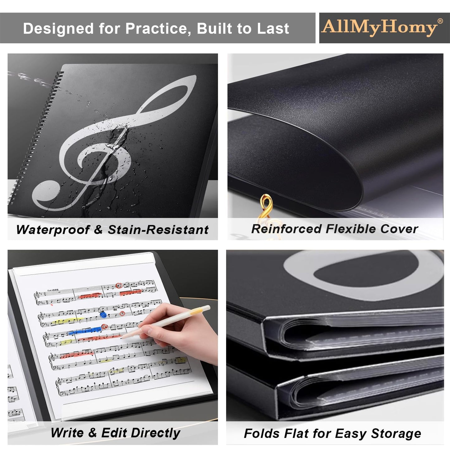 AllMyHomy 4-Page Expandable Sheet Music Folder, Tri-Fold Music Binder for Letter Size 8.5 x 11 & A4, 30 Sleeves/60 Pages, for Piano, Violin, Band & Orchestra, Black