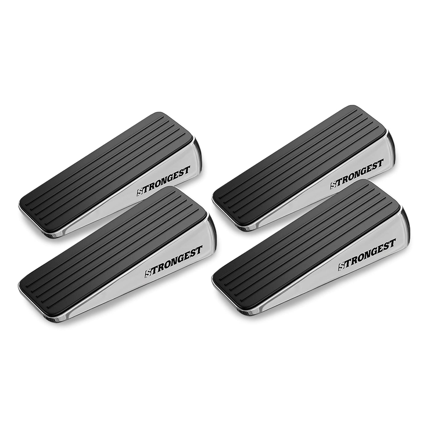 Strongest Home Heavy Duty Door Stopper Wedge (4 Chrome PCs) | Non-Slip Rubber and Metal Door Stop for Heavy Doors| Work on Wood, Tile, Carpet + 4 White Wall Protectors