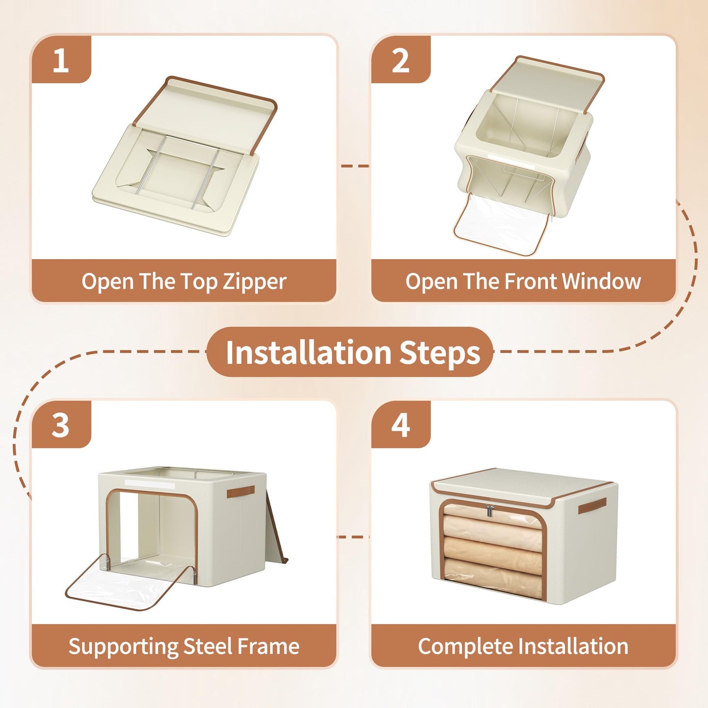 Yecaye 3 Pack Clothes Organizer with Metal Frame, 40L Foldable Storage Cabinet for Clothes, Stackable Metal Frame Storage Box with Lid, Linen Fabric Box Organizer with Clear Window, PU Handles,Beige