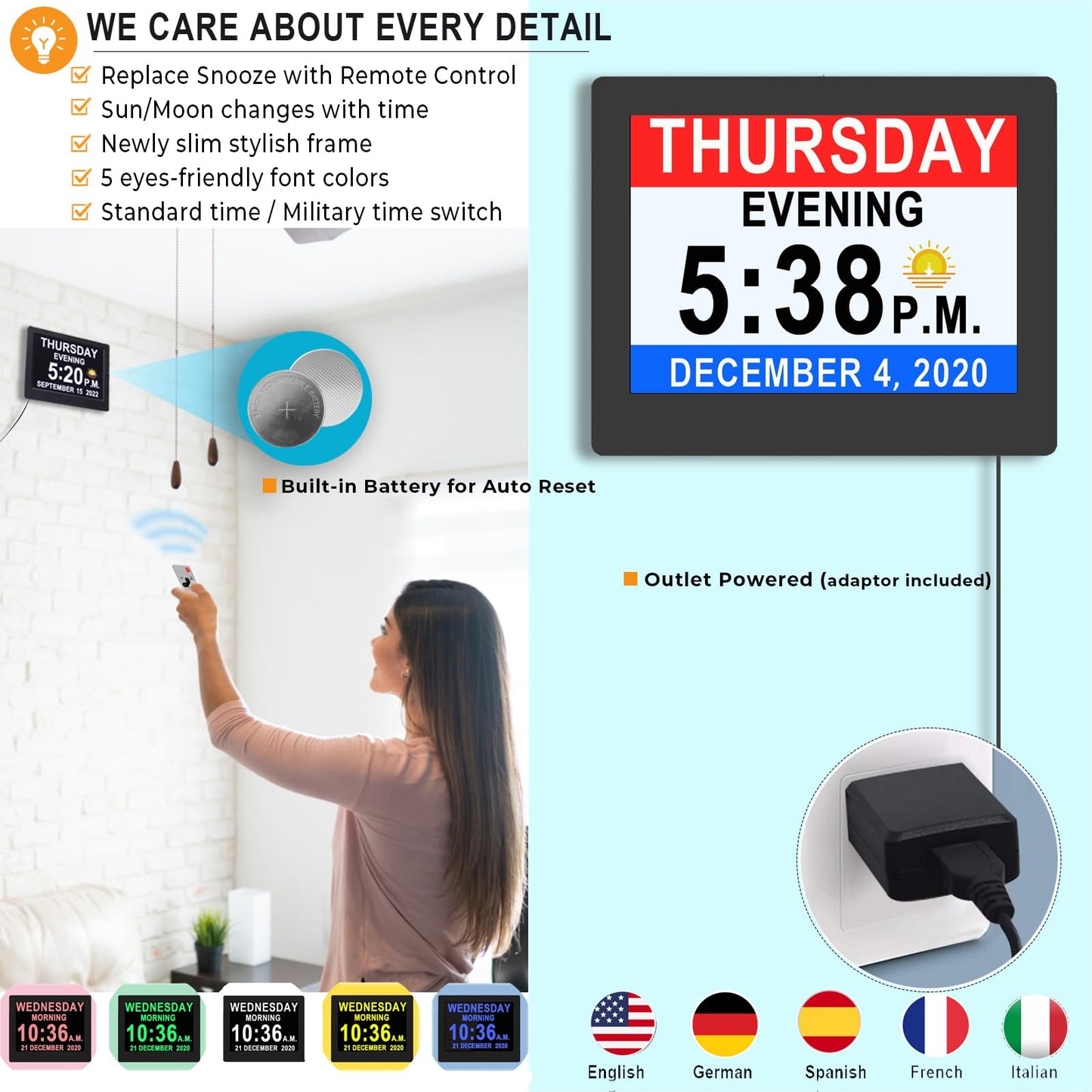 【Upgraded】 Dementia Clock 2.0 with 20 Alarms Custom Reminders, 8" Large Calendar Day Clock, AM/PM, Auto DST, 6 Display, 10 Levels Auto Dimmer, 8 Inch Clock with Day & Date for Elderly