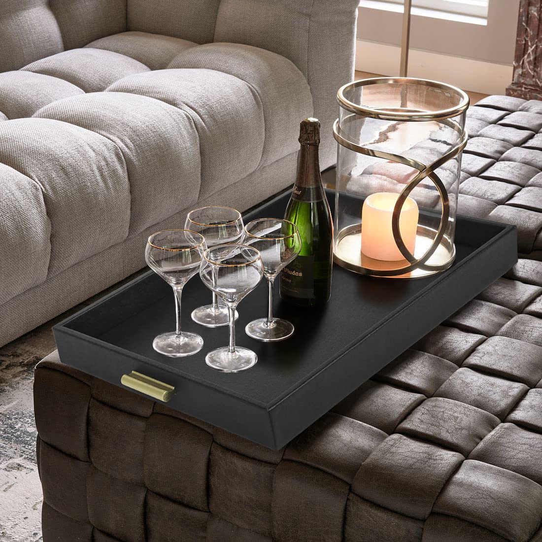 HofferRuffer Extra Large Serving Tray with Handles, Elegant Faux Leather Storage Decorative Tray for Coffee Table, Ottoman, Console Table, 20 x 16 x 2.2 inches (Black Tray+Golden Handle)