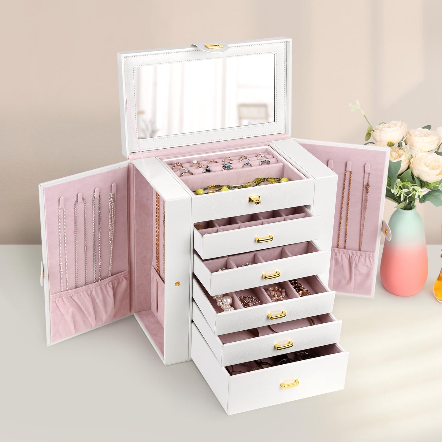 Kendal Extra Large Jewelry Box with Mirror, 32x17x30cm Multi-Layer Jewelry Organizer with Side Compartments & Drawers, PU Leather Storage Case for Rings, Earrings, Bracelets & Watches (Elegant White)