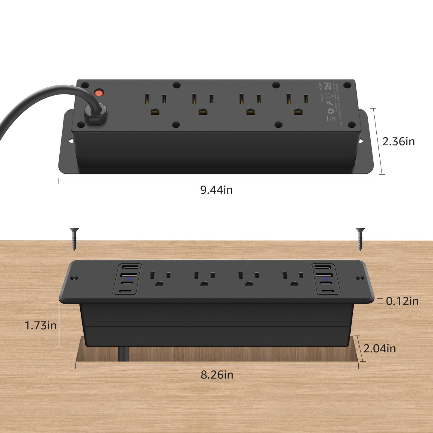 8 Outlet Recessed Power Strip, 30W Fast Charging Furniture Power Outlet USB C, 4 USB-A and 4 USB-C, 6ft Power Cord.
