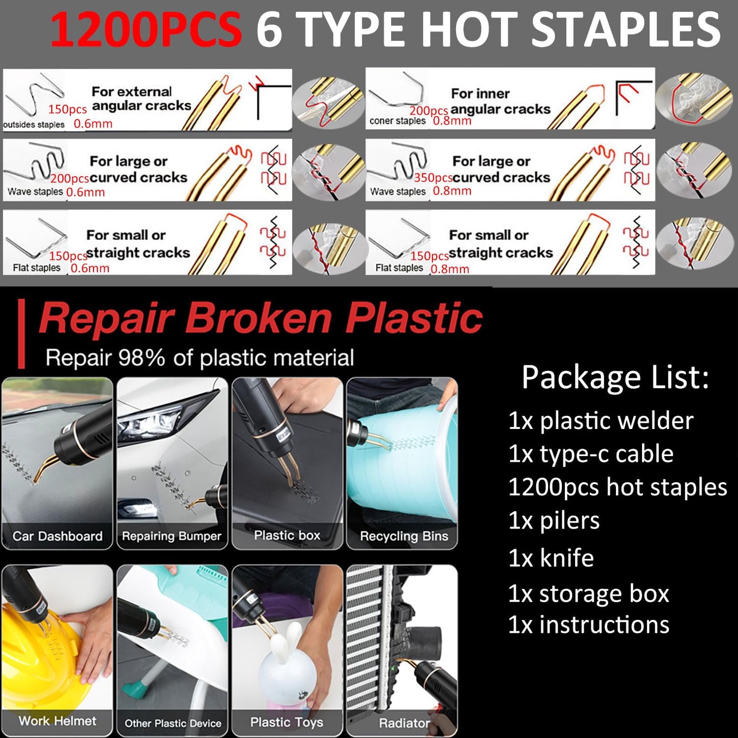 200W Cordless Plastic Welder, Plastic Welding Kit with 1200PCS Hot Stapler, USB Rechargeable Plastic Welder Gun with 5000mAh Battery, Plastic Weld Bumper Repair Kit for Most Plastic Repair