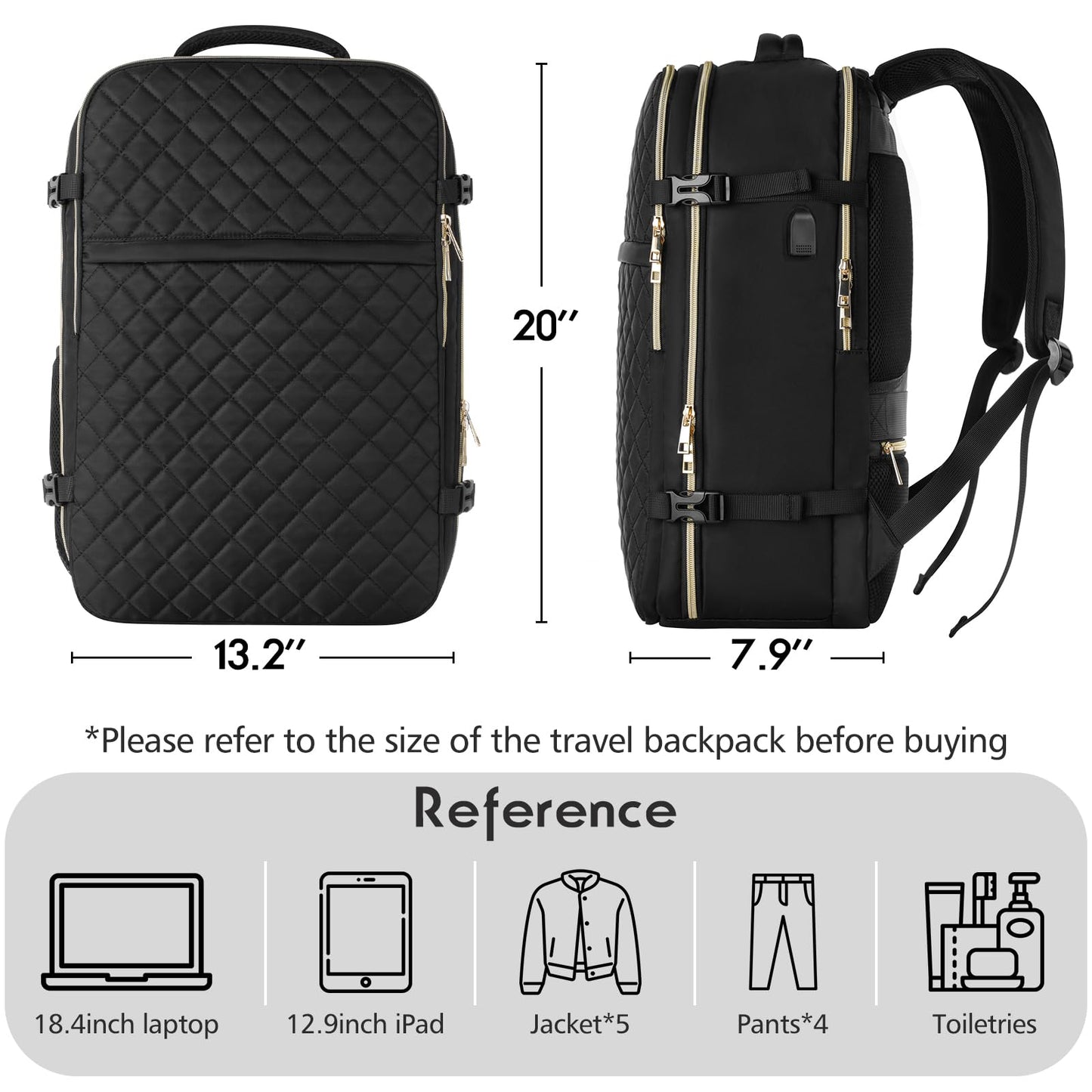 MOMUVO Large Travel Backpack Women, Flight Approved Carry On Backpack, Water Resistant Anti-Theft Casual Daypack School Bag,18.4 inch,Black