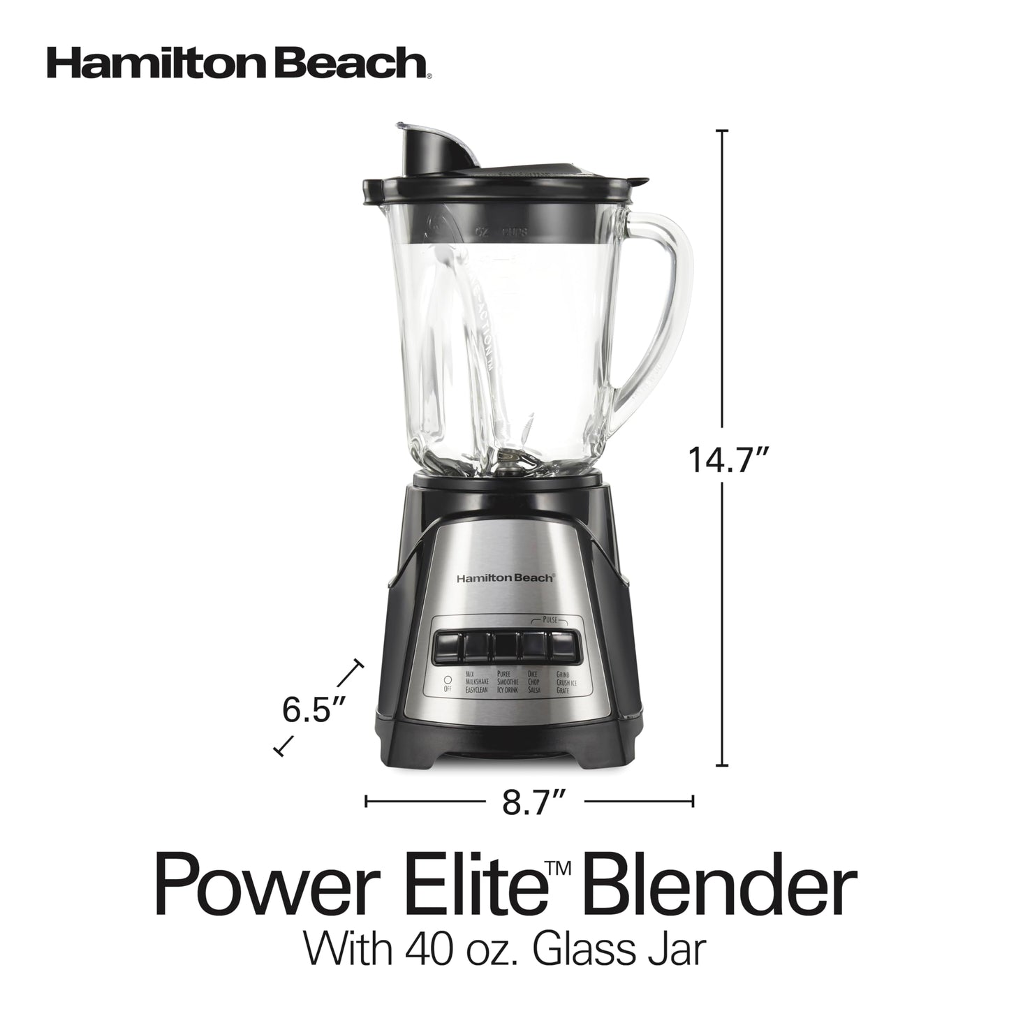 Hamilton Beach 58148 Blender to Puree - Crush Ice and Make Shakes and Smoothies - 40 Oz Glass Jar - 12 Functions - Black and Stainless, 8.66 x 6.5 x 14.69 inches